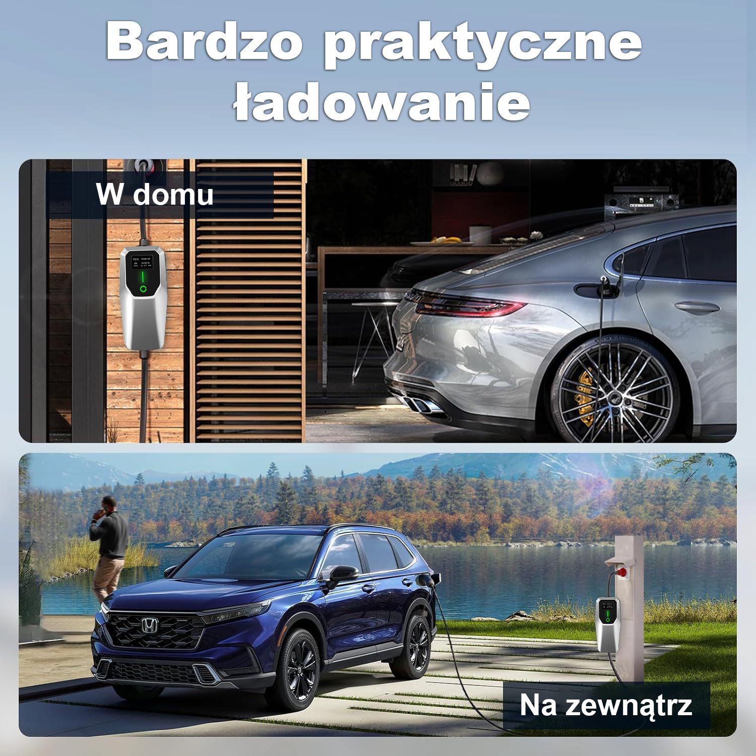 Polska reklama pokazująca domowe i zewnętrzne ładowarki do samochodów elektrycznych.
