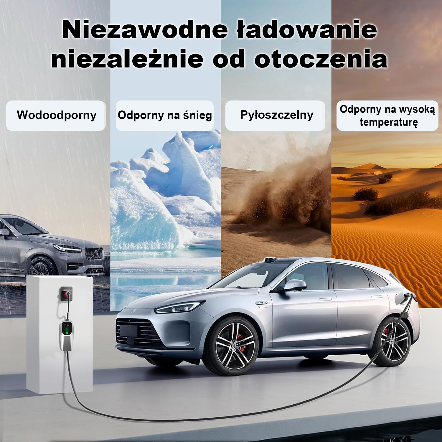 Srebrny samochód elektryczny ładuje się na tle czterech środowisk: deszczu, śniegu, pyłu i pustyni.