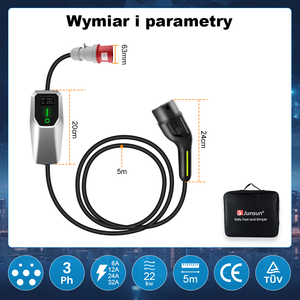 Diagram przedstawia wymiary kabla do ładowania pojazdów elektrycznych z torbą.