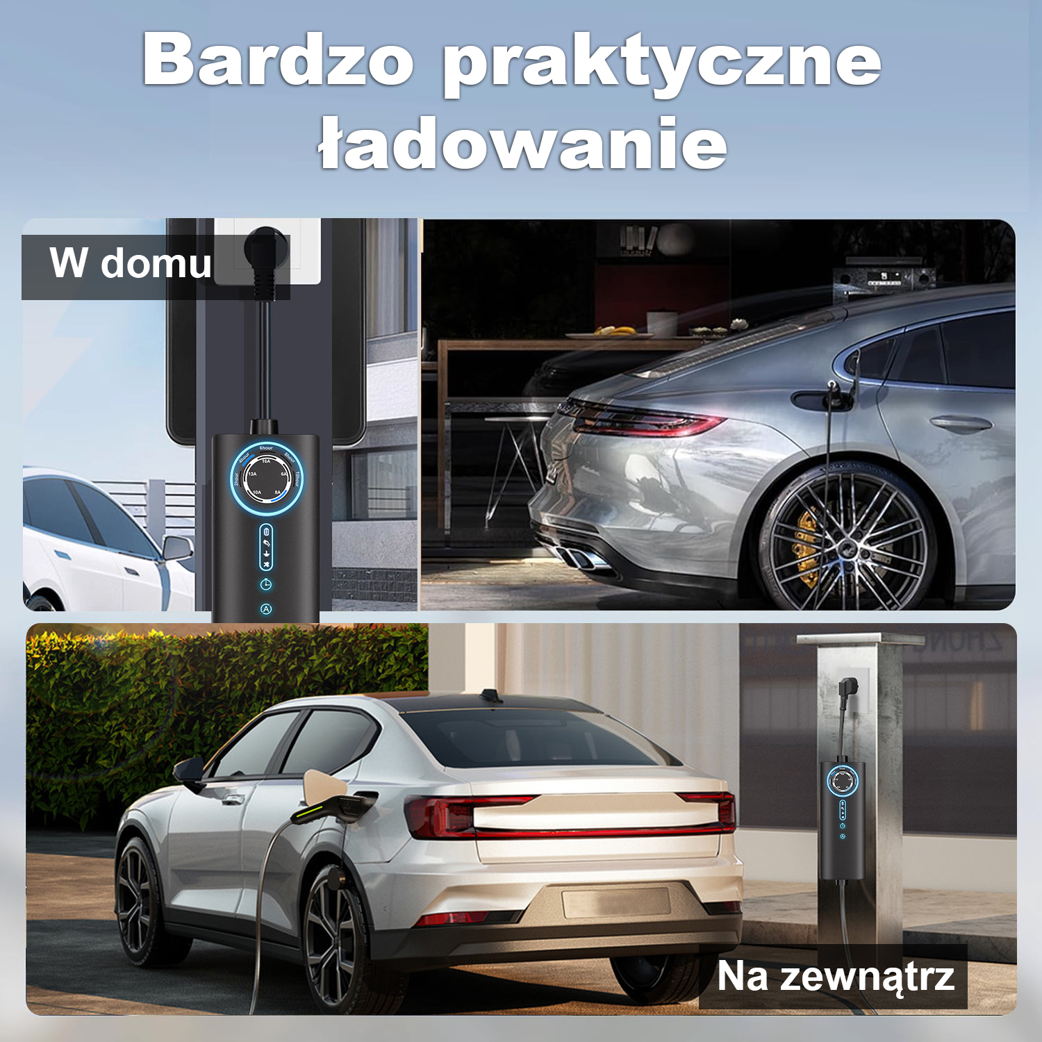 Kolaż pokazujący praktyczne ładowanie samochodów elektrycznych w domu i na zewnątrz.