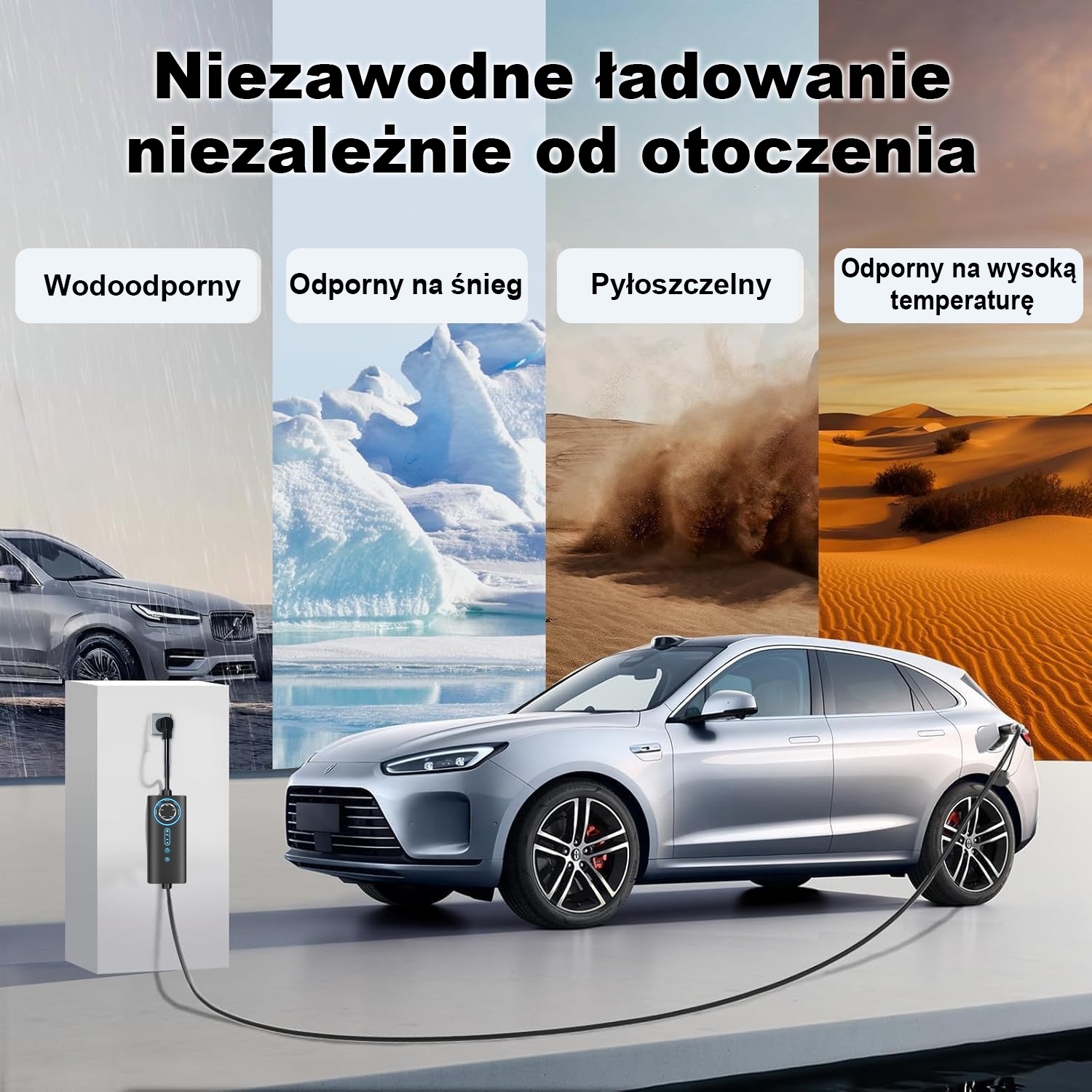 Srebrny samochód elektryczny ładuje się przy stacji na tle deszczu, śniegu, pyłu i pustyni.