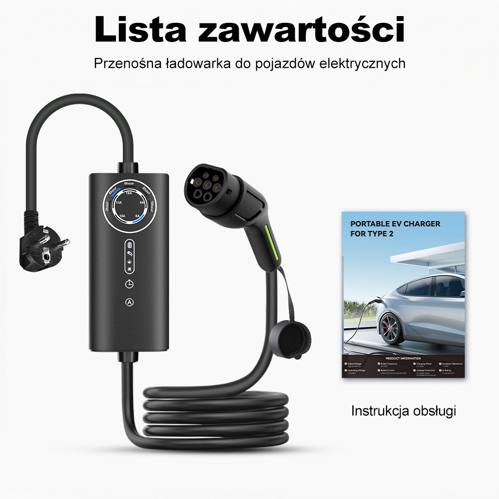 Przenośna ładowarka EV z wtyczką, skrzynką sterującą, kablem i instrukcją obsługi.