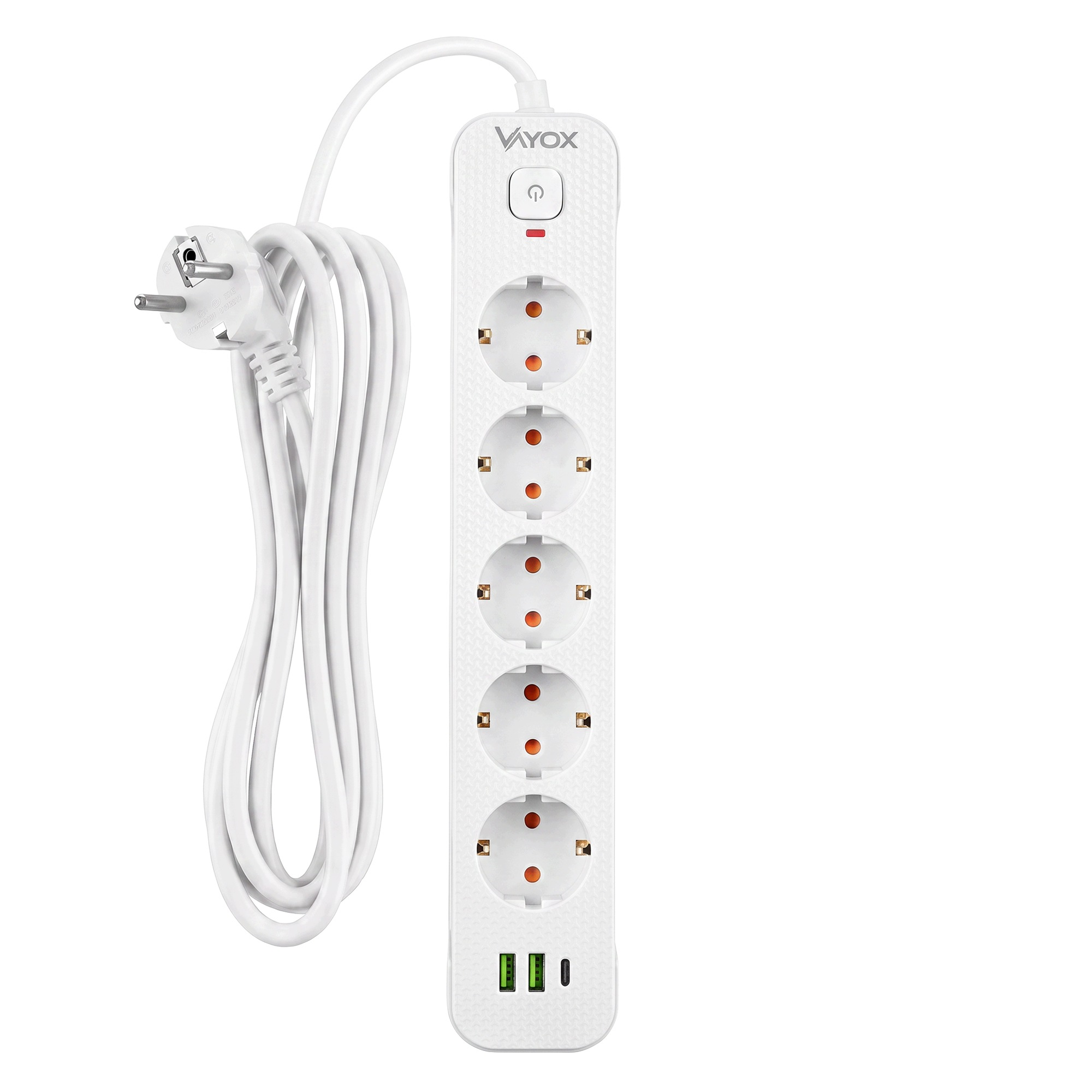 Biała listwa zasilająca z pięcioma gniazdami, włącznikiem, portami USB i zwiniętym kablem.