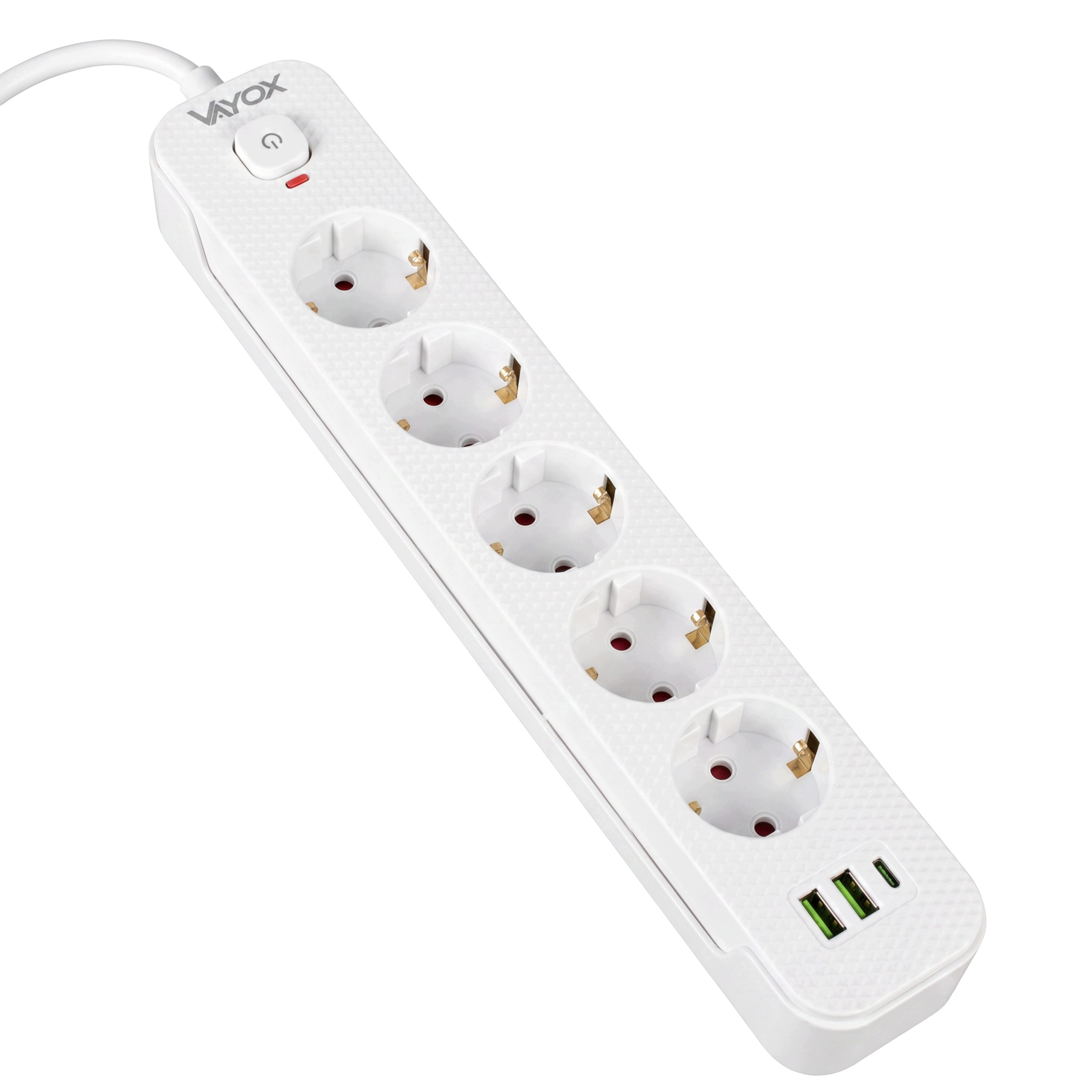 Biała listwa zasilająca Vayox z pięcioma gniazdami, włącznikiem i trzema portami USB na białym tle.