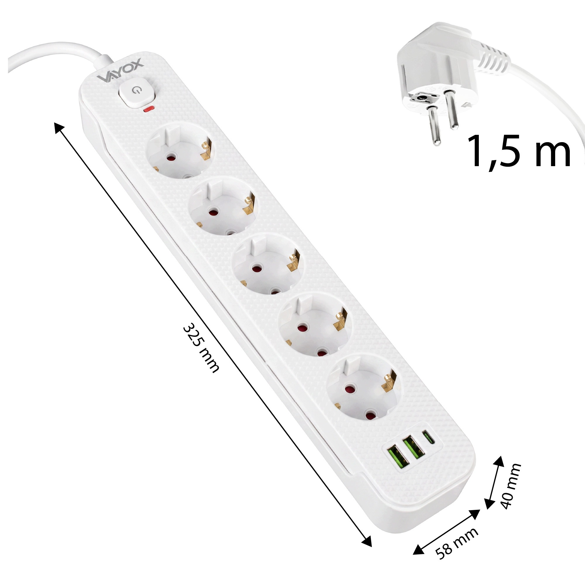 Biała listwa zasilająca Vayox z pięcioma gniazdami, trzema portami USB, włącznikiem i wymiarami.