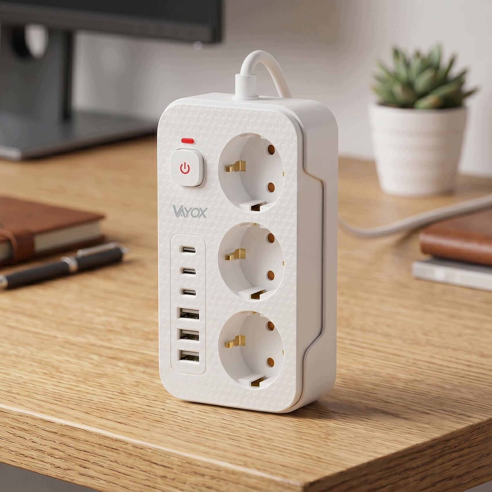 Biała listwa zasilająca Vayox z trzema gniazdami i portami USB stoi na drewnianym biurku.