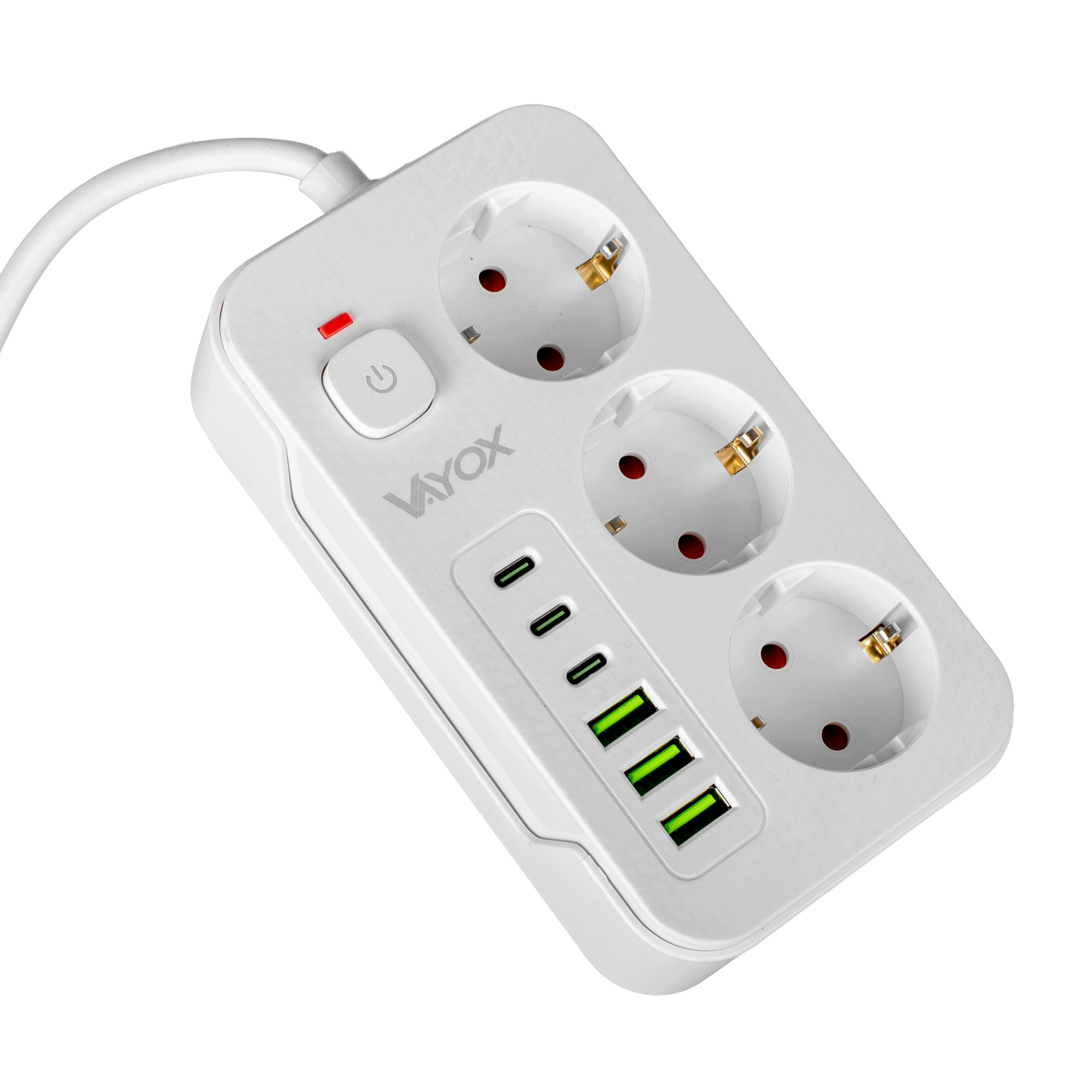 Biała listwa zasilająca Vayox z trzema gniazdami, sześcioma portami USB i włącznikiem.