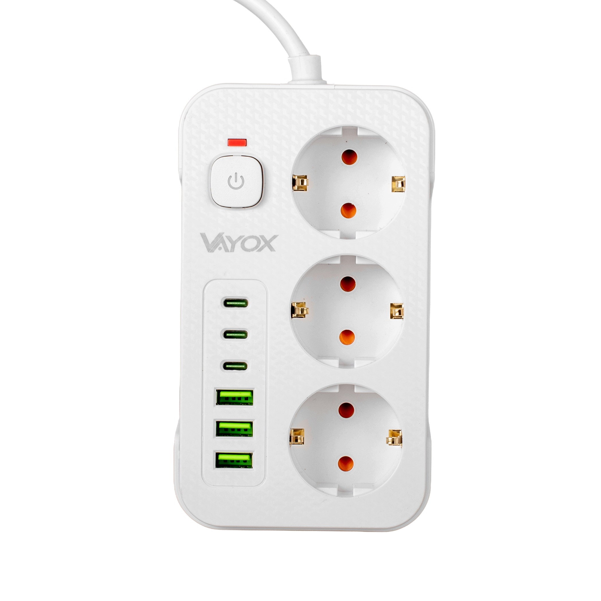 Biała listwa zasilająca z trzema gniazdami, włącznikiem i sześcioma portami USB na białym tle.