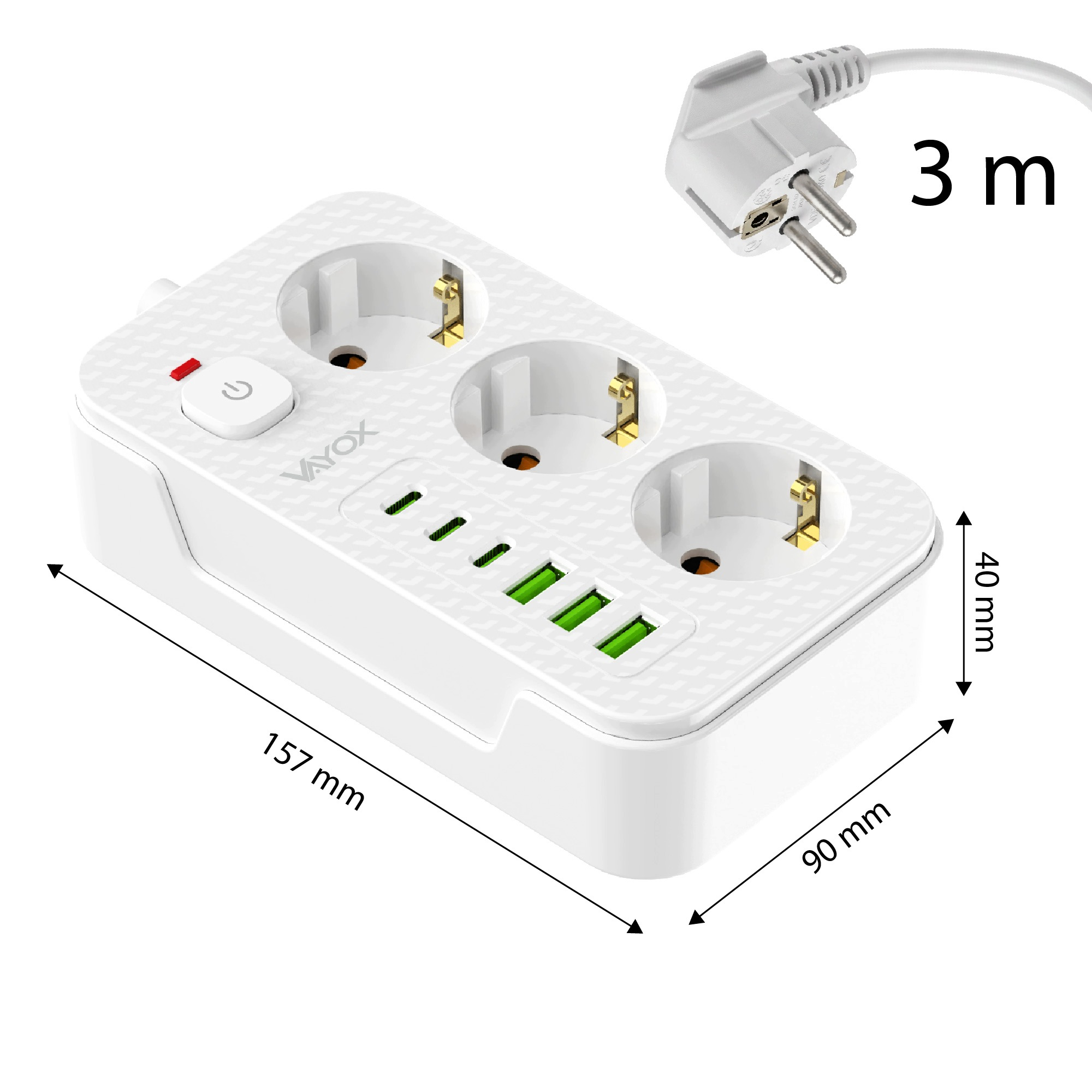 Biała listwa zasilająca Vayox z trzema gniazdami, pięcioma portami USB, wtyczką i wymiarami.