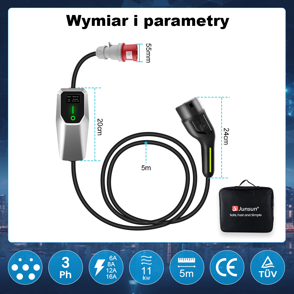 Schemat przedstawiający wymiary i parametry kabla do ładowania EV z wtyczką, sterownikiem i torbą.