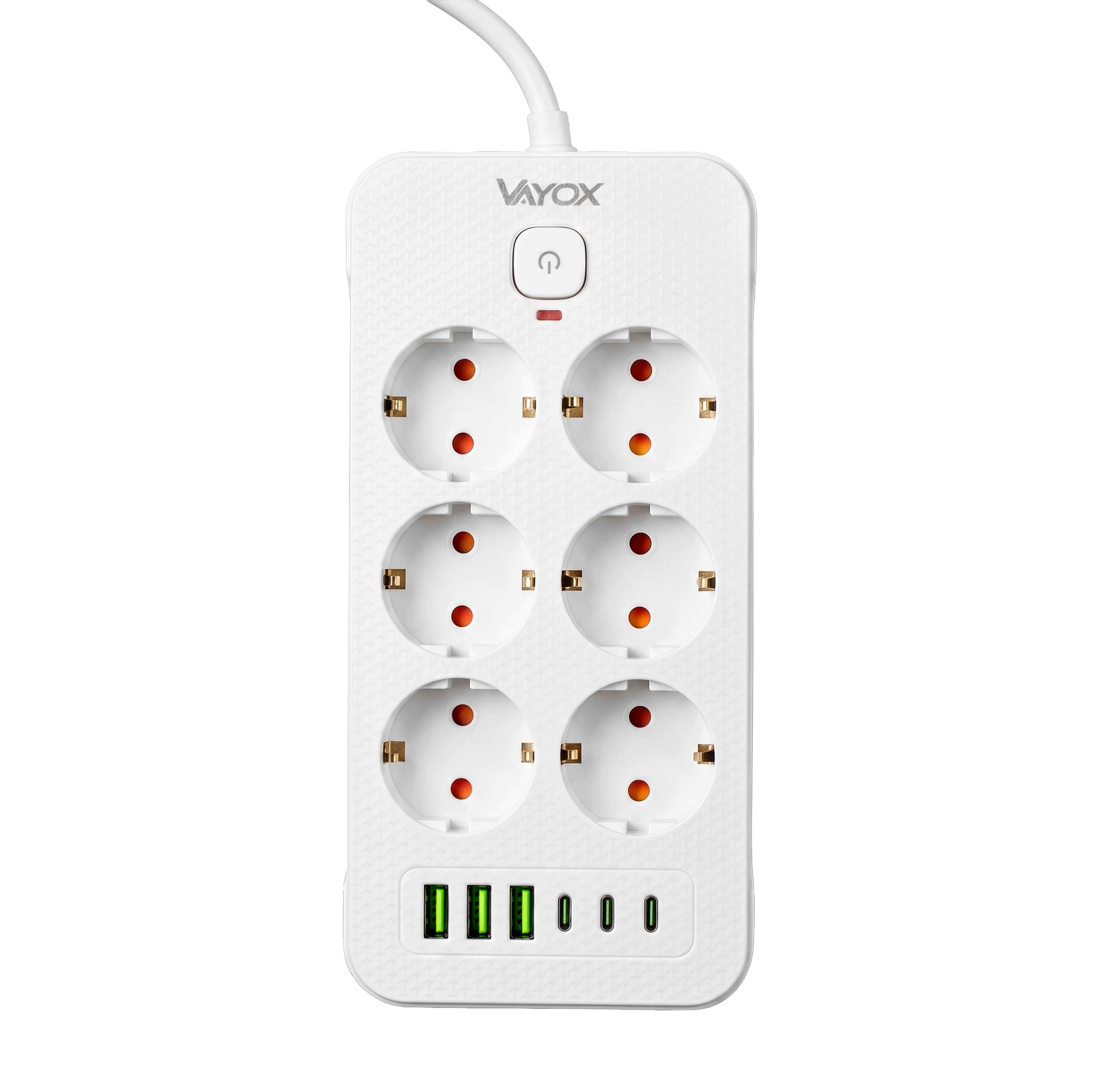 Biała listwa zasilająca Vayox z sześcioma gniazdami, trzema portami USB-A, trzema USB-C oraz włącznikiem.