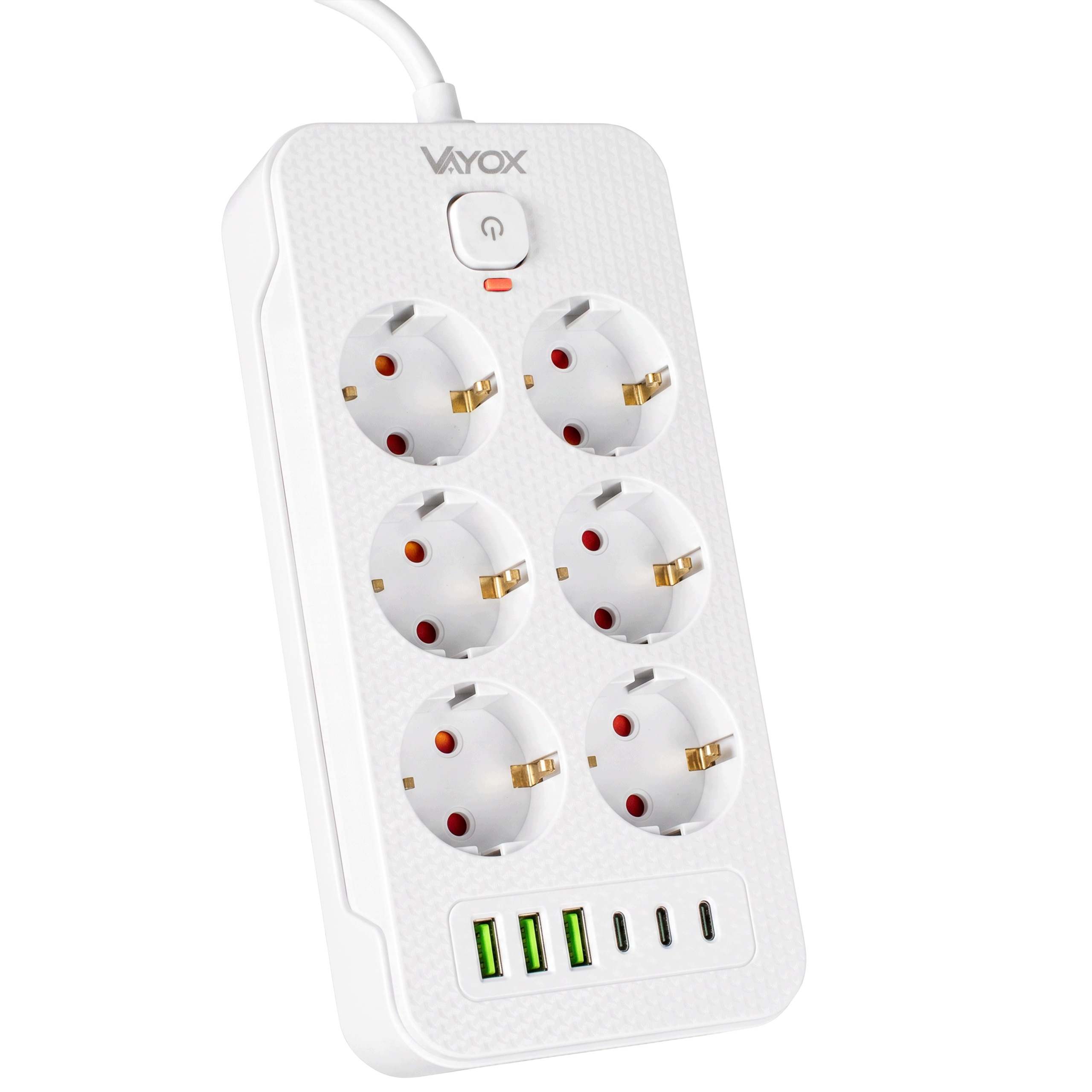 Biała listwa zasilająca Vayox z sześcioma gniazdami, wyłącznikiem i portami USB.
