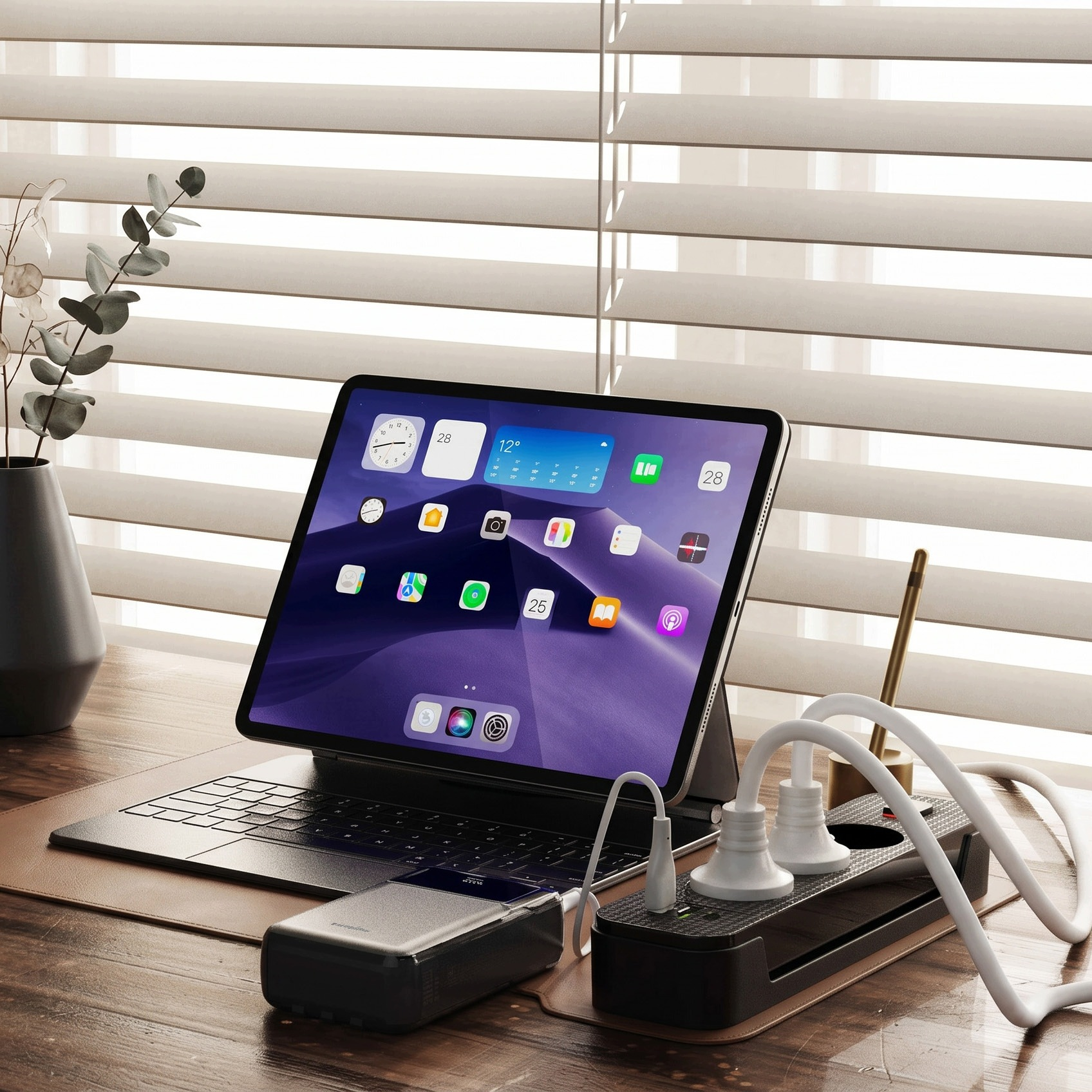 Tablet w etui z klawiaturą na drewnianym biurku obok listwy zasilającej i żaluzji.