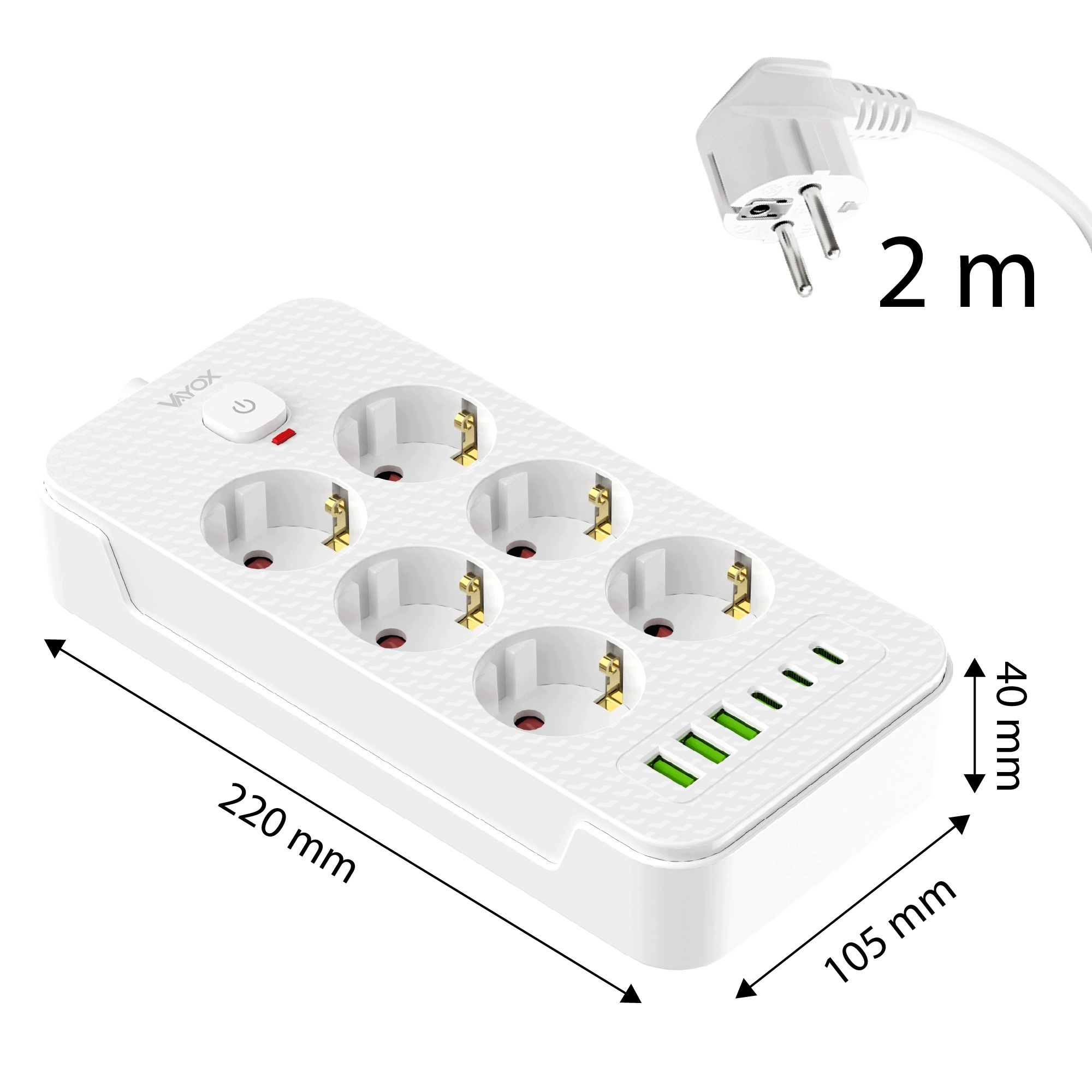 Biała listwa zasilająca z sześcioma gniazdami, portami USB, wyłącznikiem, wtyczką i wymiarami.