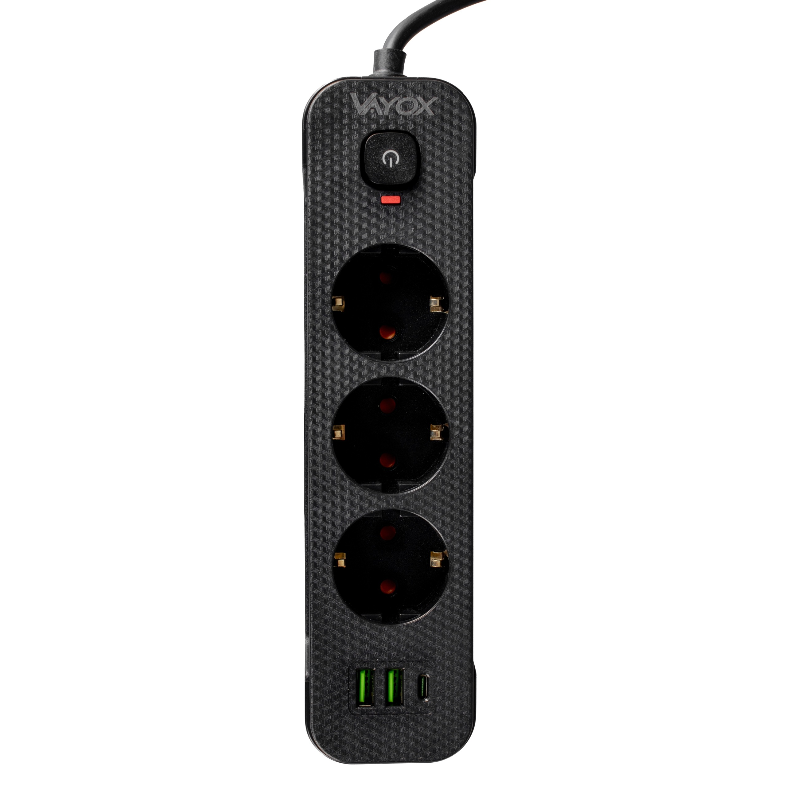Czarna listwa zasilająca Vayox z trzema gniazdami, włącznikiem i trzema portami USB na białym tle.