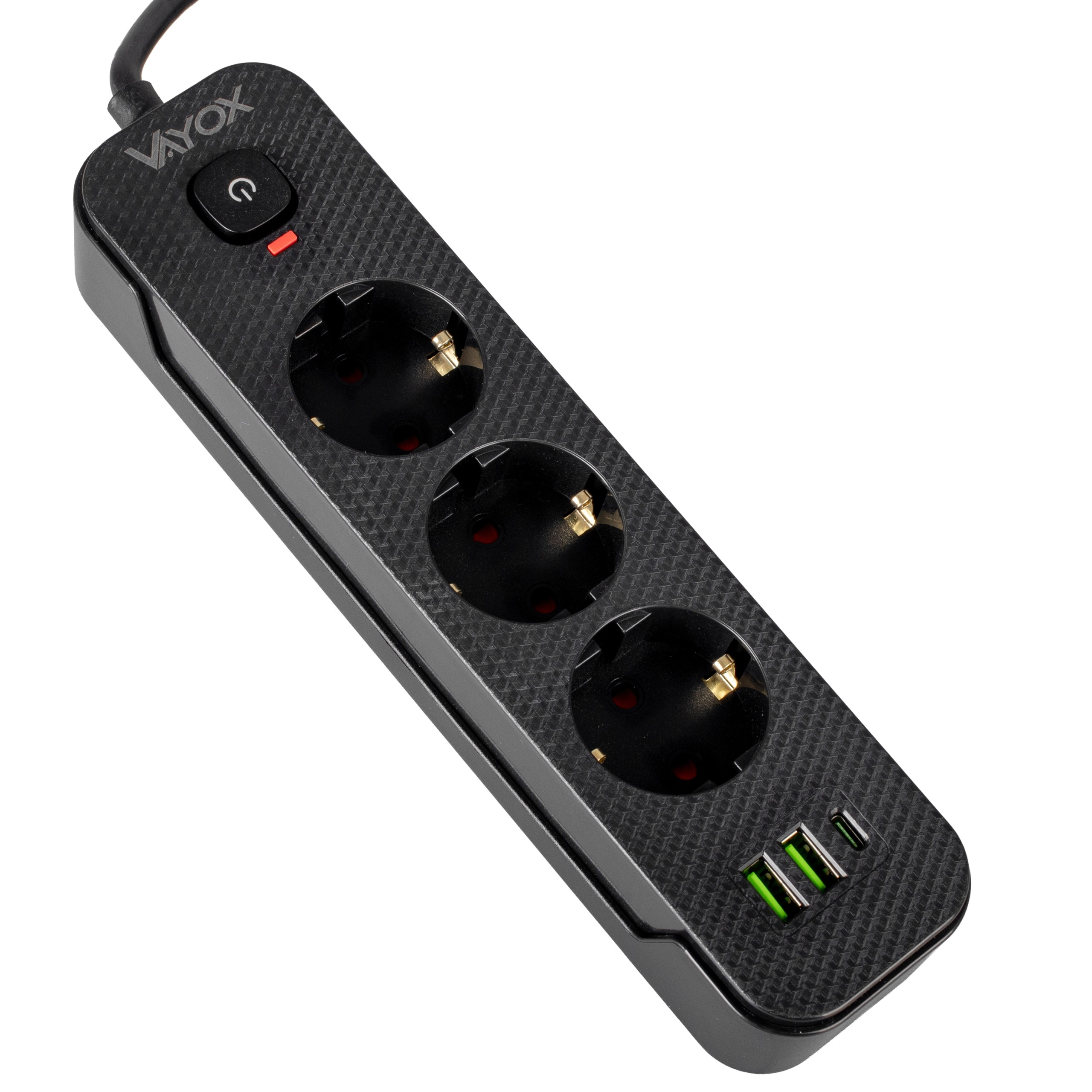 Czarna listwa zasilająca z trzema gniazdami, włącznikiem i trzema portami USB na białym tle.