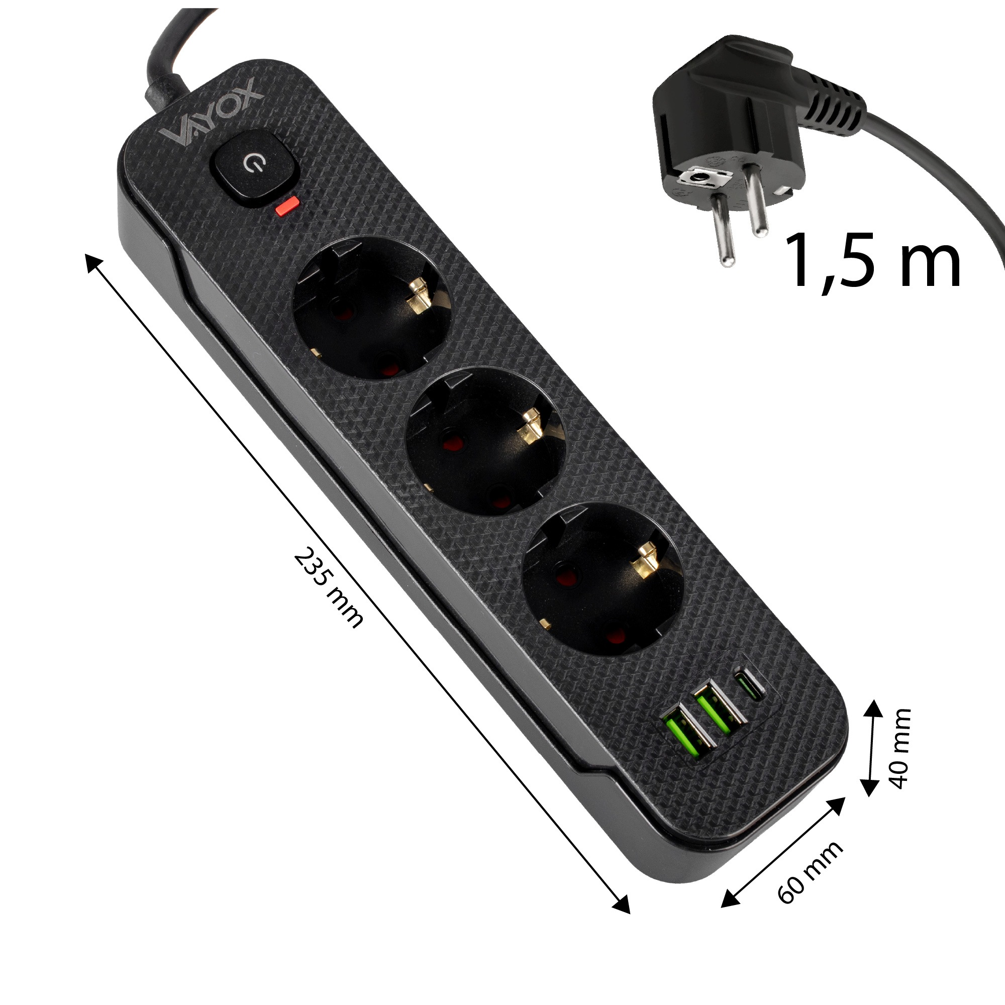 Czarna listwa zasilająca z trzema gniazdami, trzema portami USB i wymiarami.
