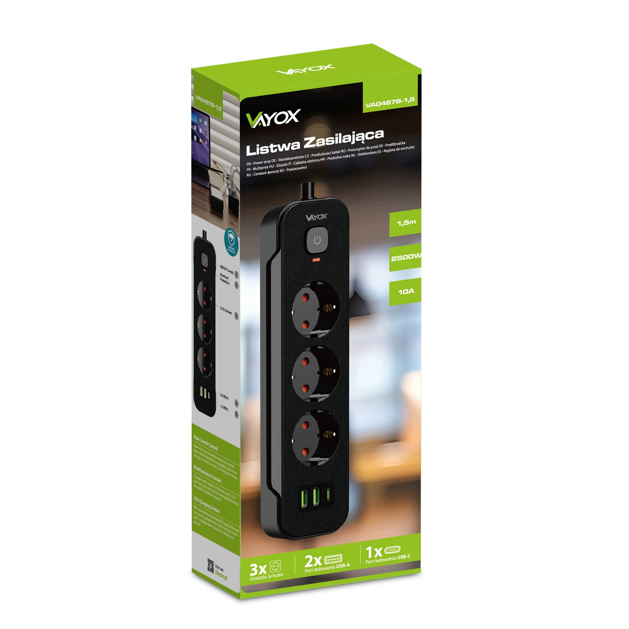 Opakowanie czarnej listwy zasilającej Vayox z trzema gniazdami i trzema portami USB.