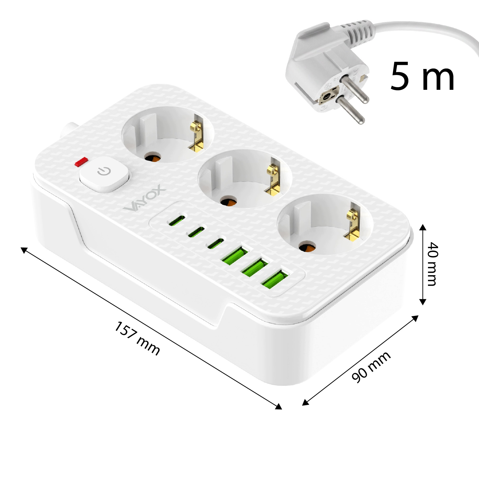Biała listwa zasilająca Vayox z trzema gniazdami, pięcioma portami USB, włącznikiem i kablem 5m.