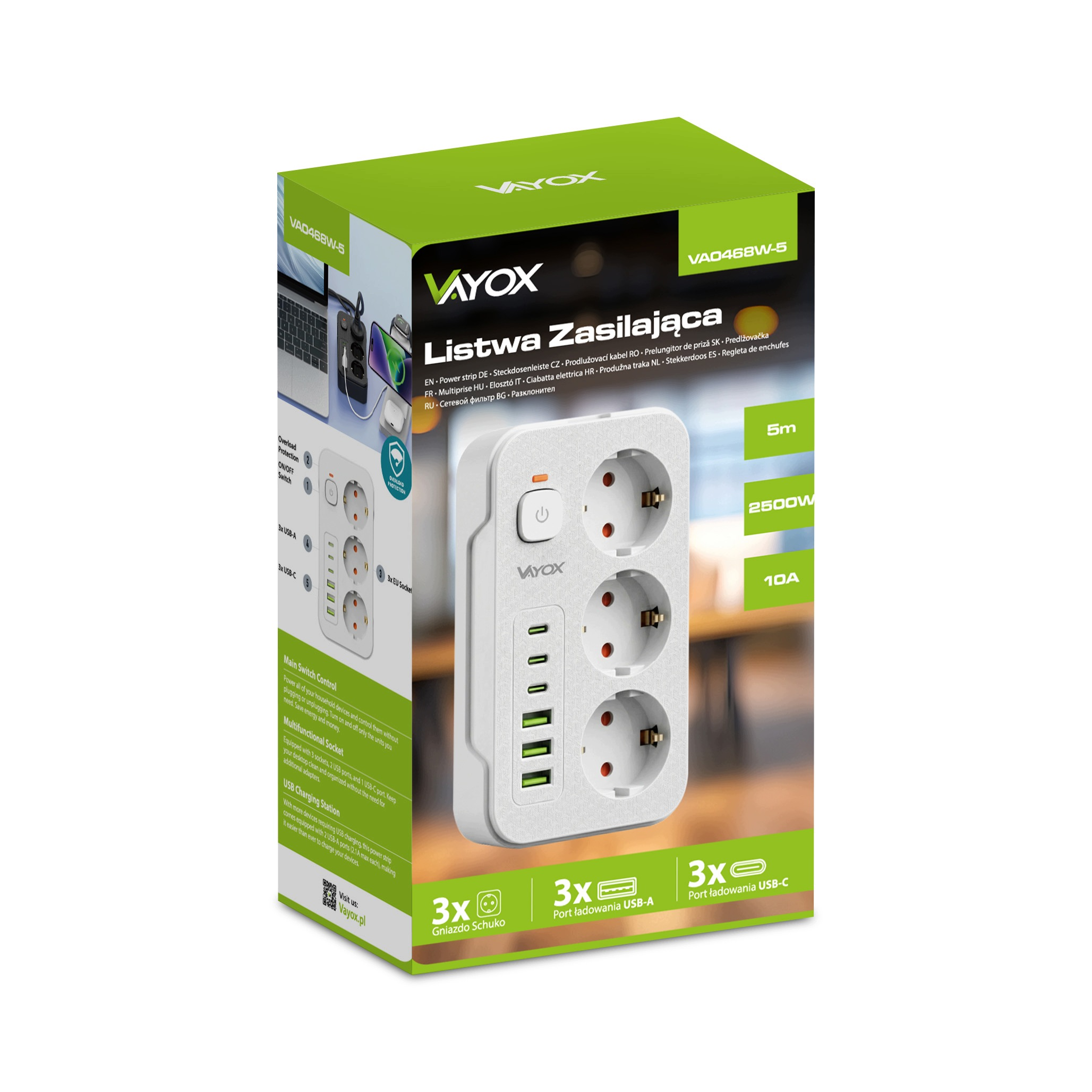 Zielone opakowanie listwy zasilającej Vayox z trzema gniazdami i portami USB.