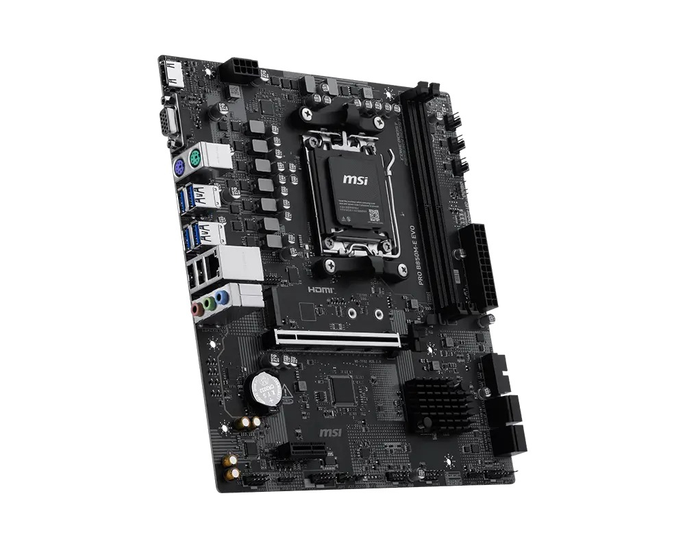 Beyaz arka planda CPU soketi, RAM yuvaları ve çeşitli bağlantı noktaları bulunan siyah bir MSI bilgisayar anakartı.