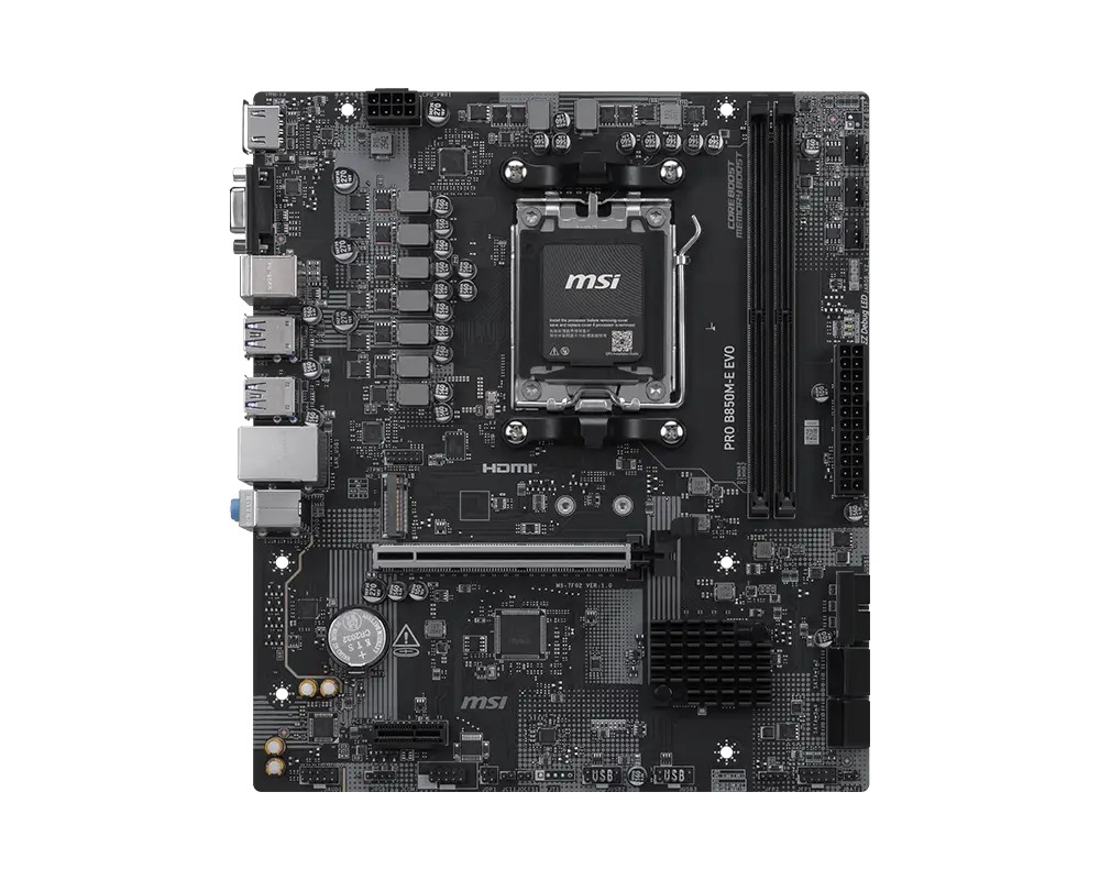 İşlemci soketi, RAM slotları ve çeşitli portları olan siyah bir MSI PRO B850M-E EVO anakart.