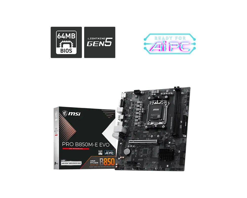 Kutusu ve özellik simgeleri yaninda MSI PRO B850M-E EVO anakart.