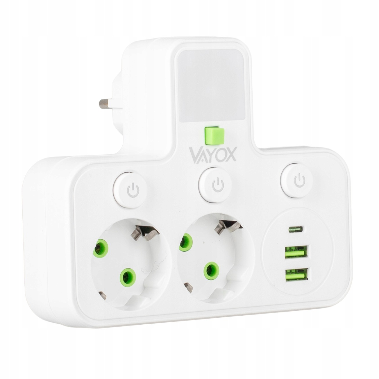 Biały rozgałęźnik Vayox z dwoma gniazdami, trzema portami USB, wyłącznikami i lampką nocną.