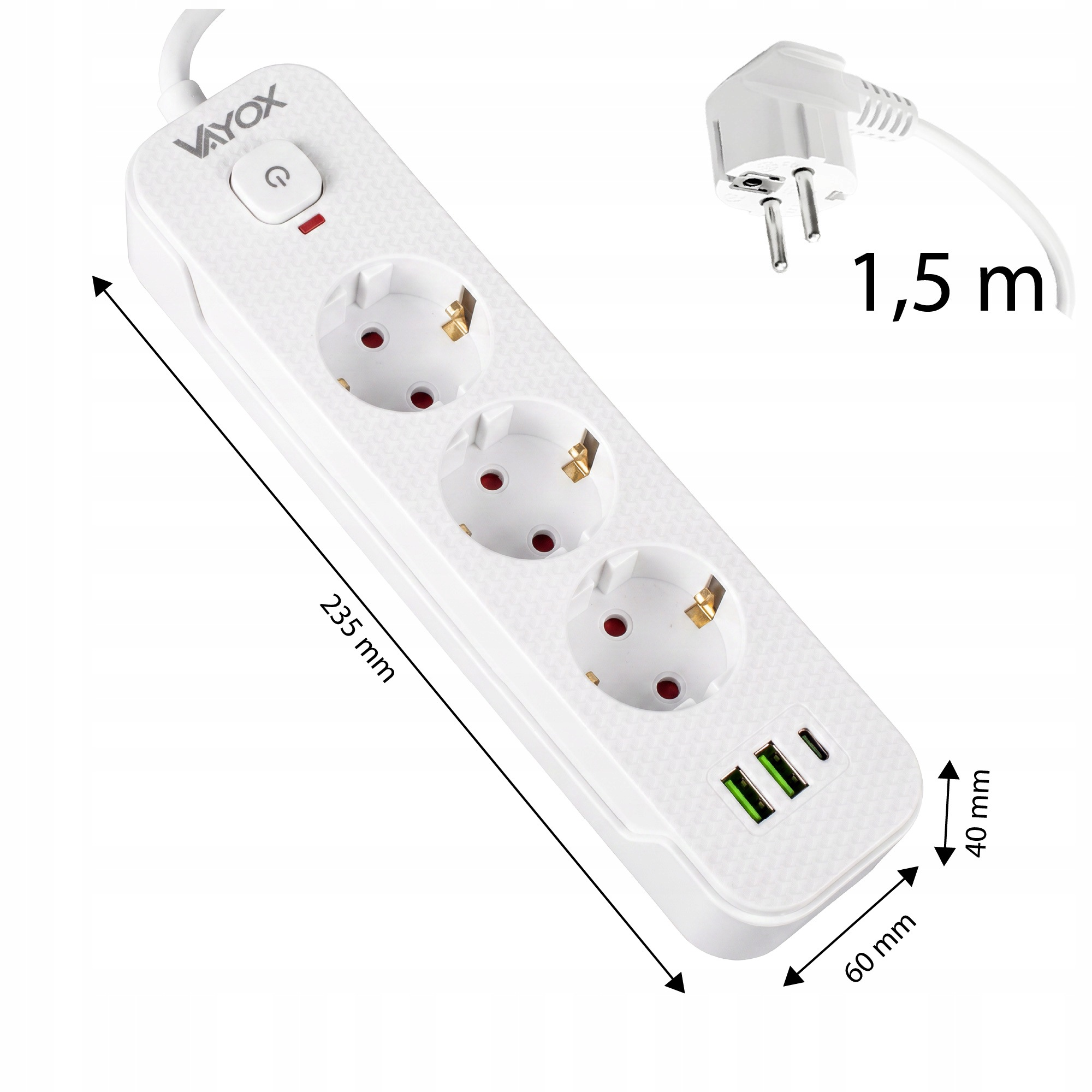 Biała listwa zasilająca z 3 gniazdami, portami USB, włącznikiem, kablem 1,5m i wymiarami na białym tle.