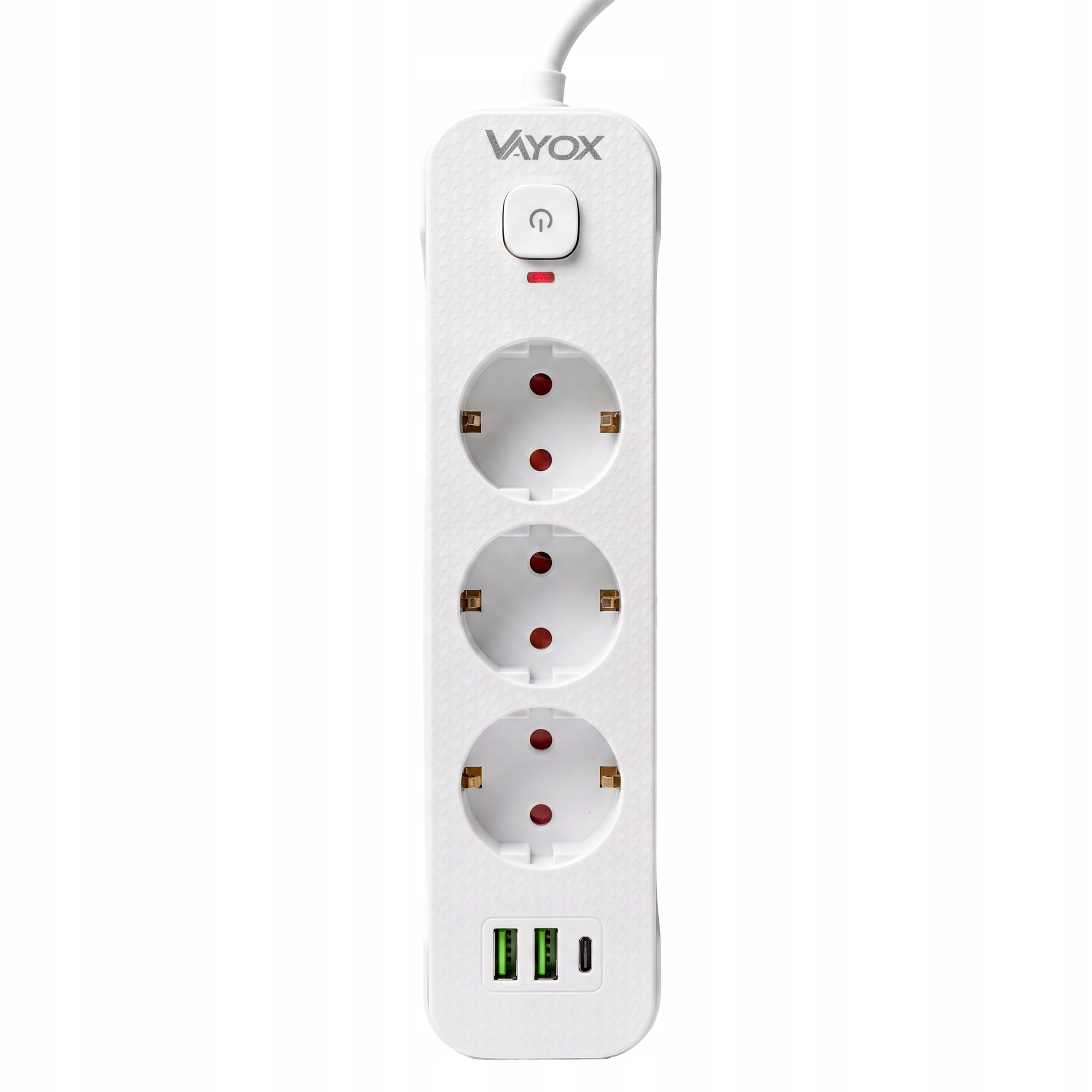Biała listwa zasilająca Vayox z trzema gniazdami AC, wyłącznikiem zasilania i trzema portami USB.