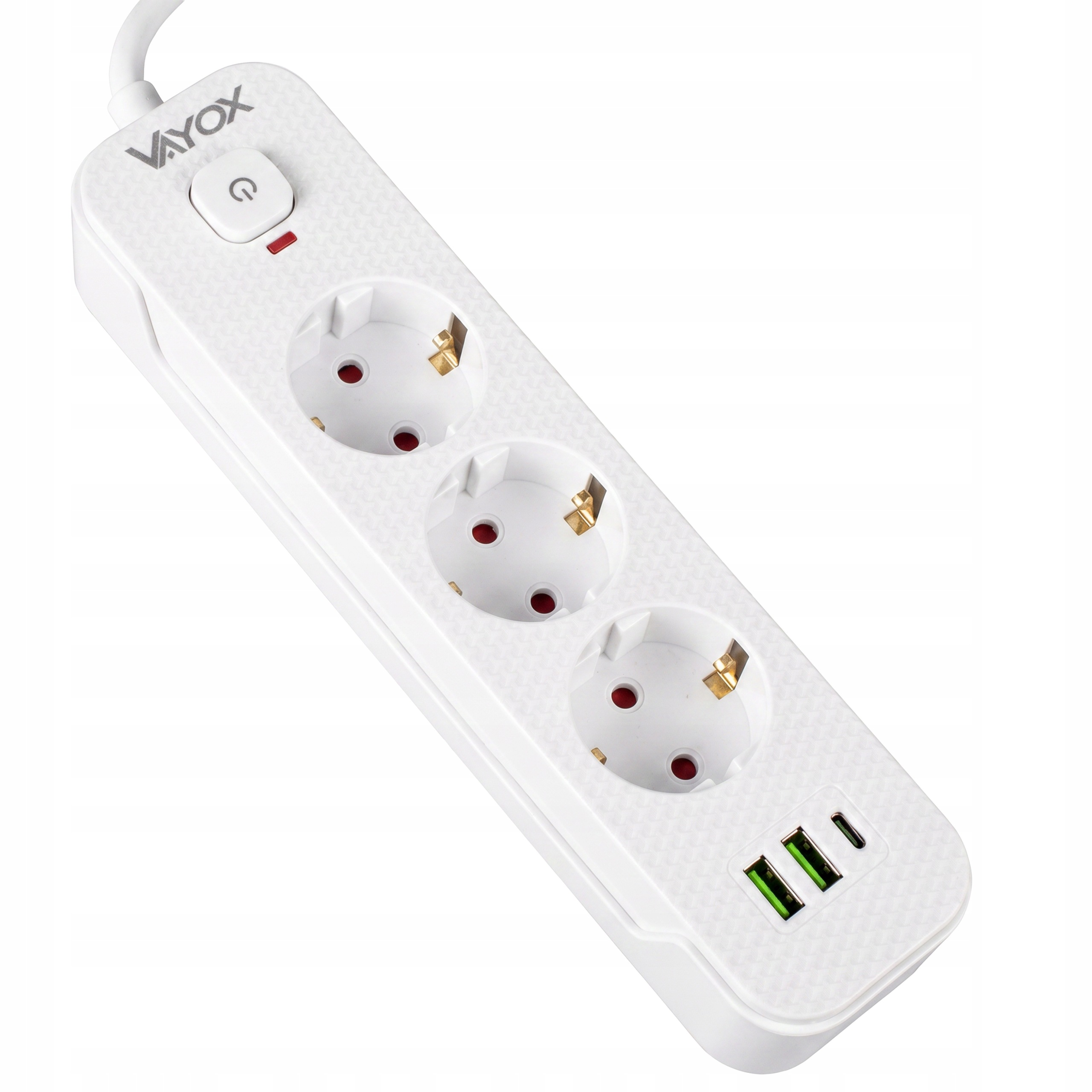 Biała listwa zasilająca Vayox z trzema gniazdami, trzema portami USB i włącznikiem zasilania.