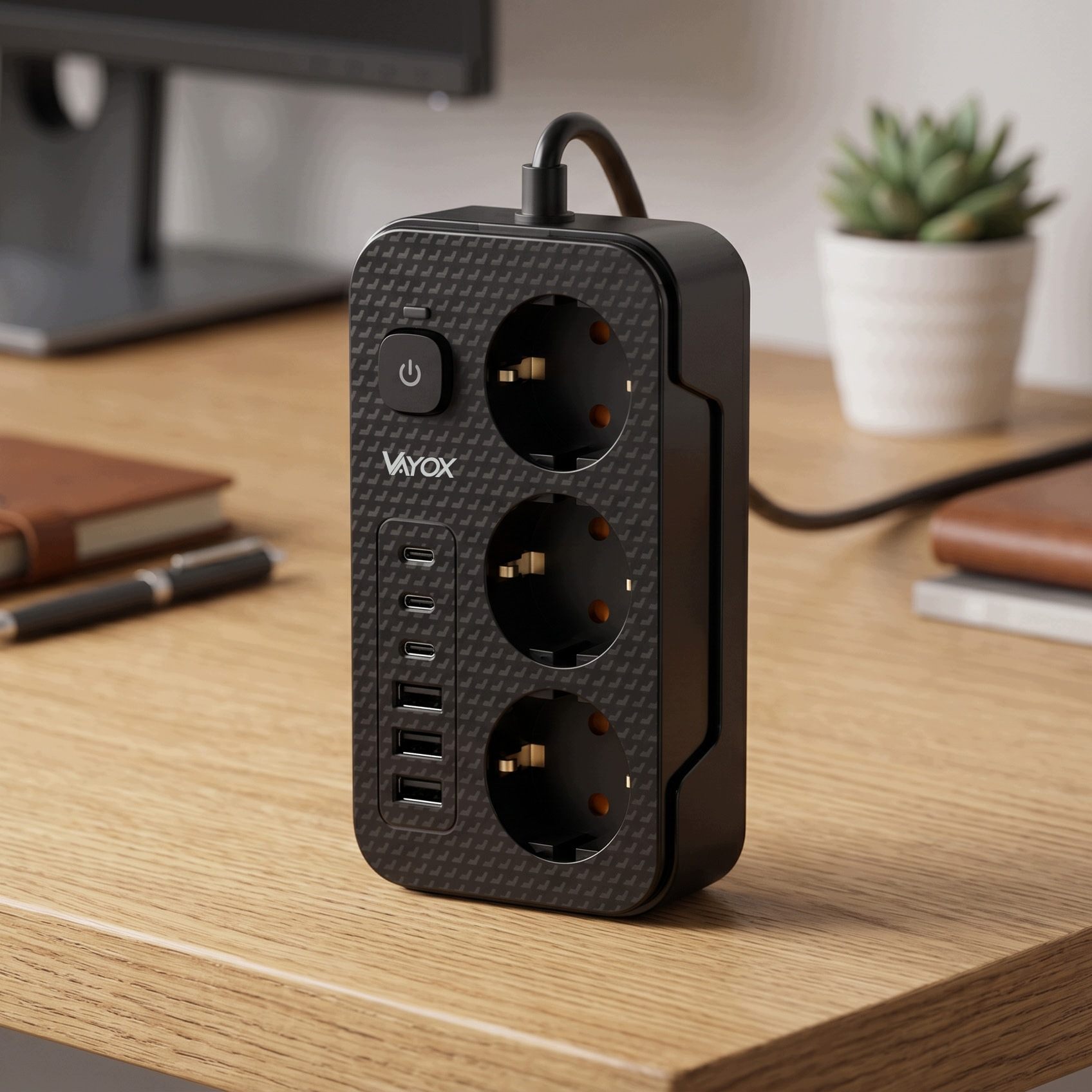 Czarna listwa zasilająca Vayox z trzema gniazdami i sześcioma portami USB na drewnianym biurku.