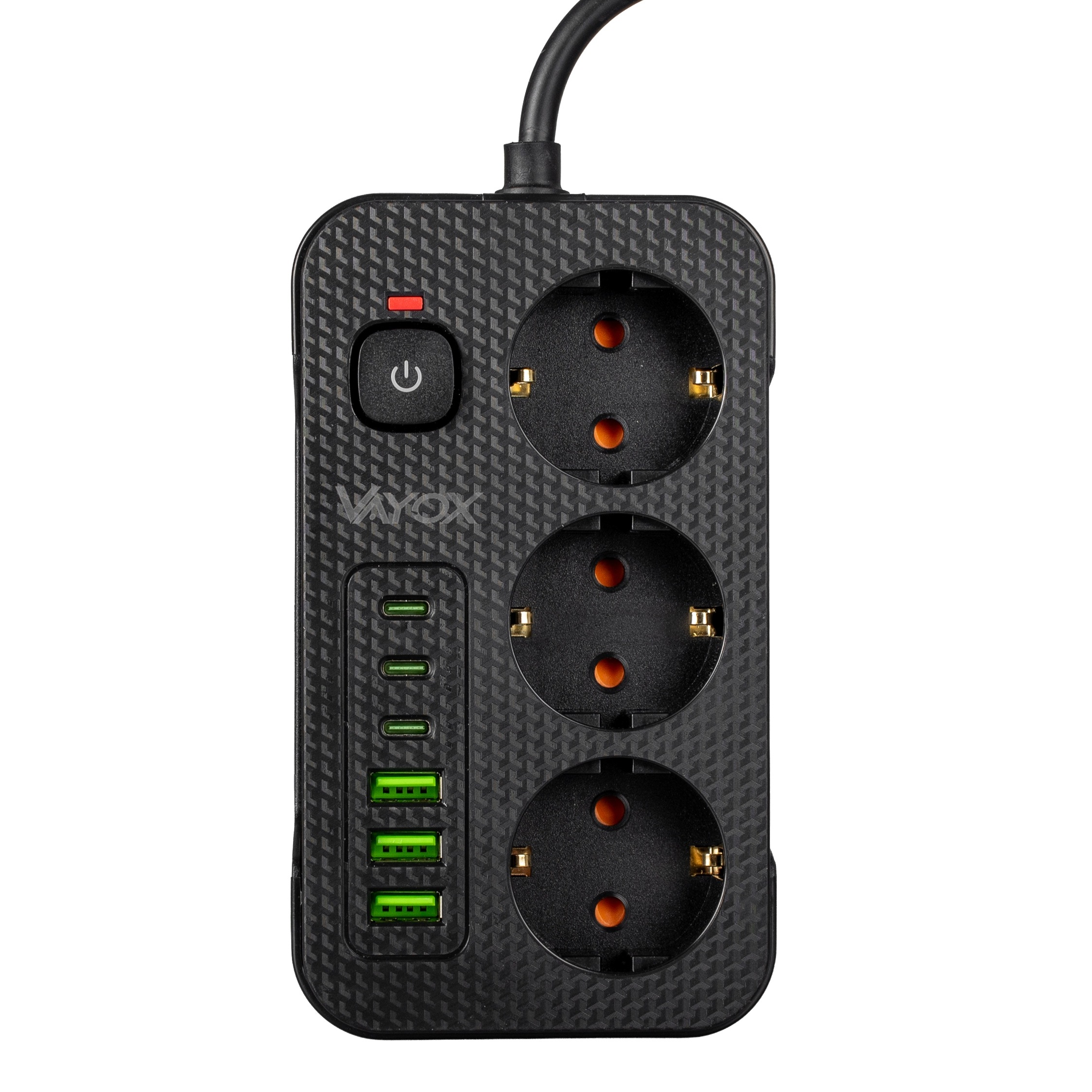 Czarna listwa zasilająca z trzema gniazdami, sześcioma portami USB, włącznikiem i kablem.