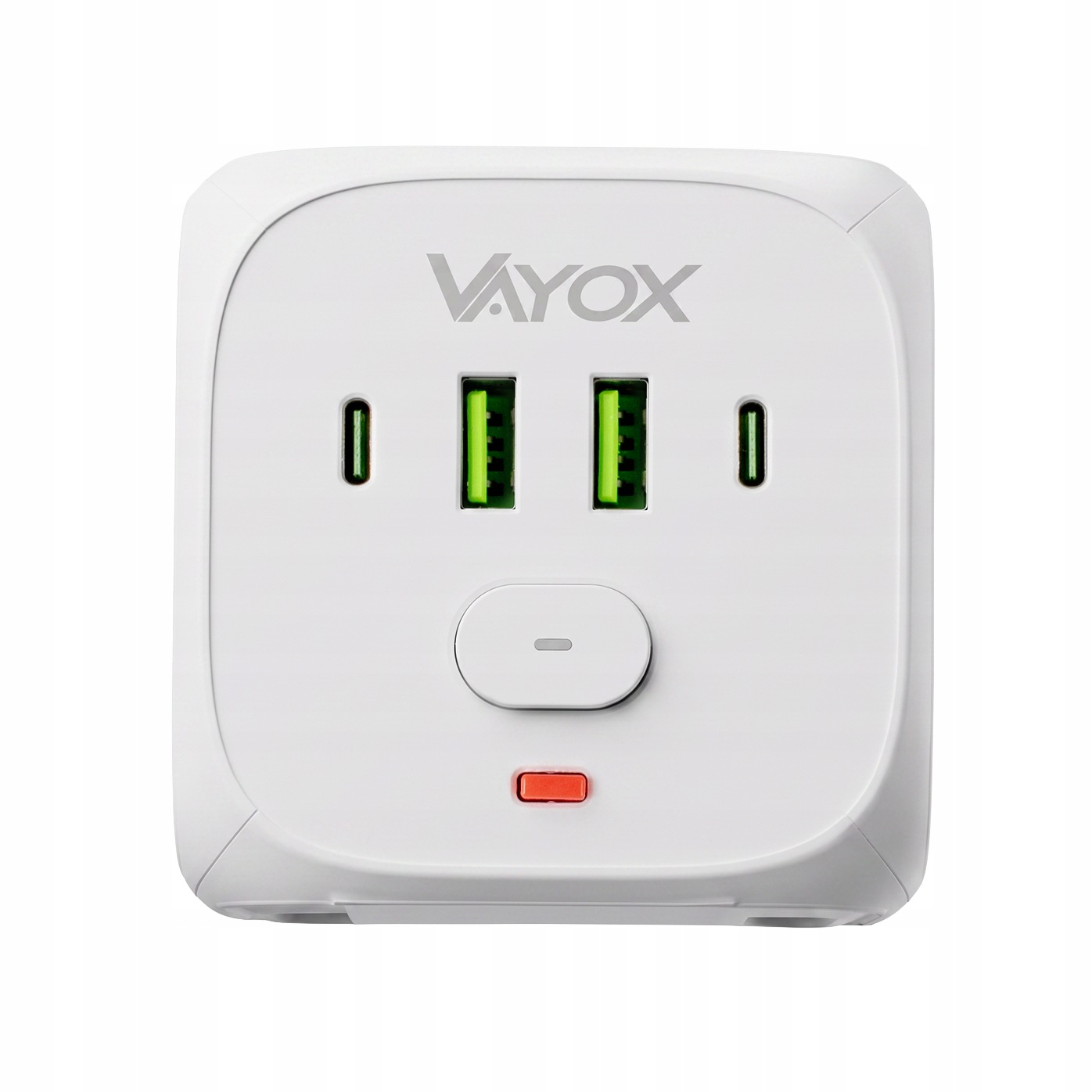 Fehér Vayox USB töltőadapter négy porttal, egy gombbal és egy piros LED visszajelzővel fehér háttér előtt.