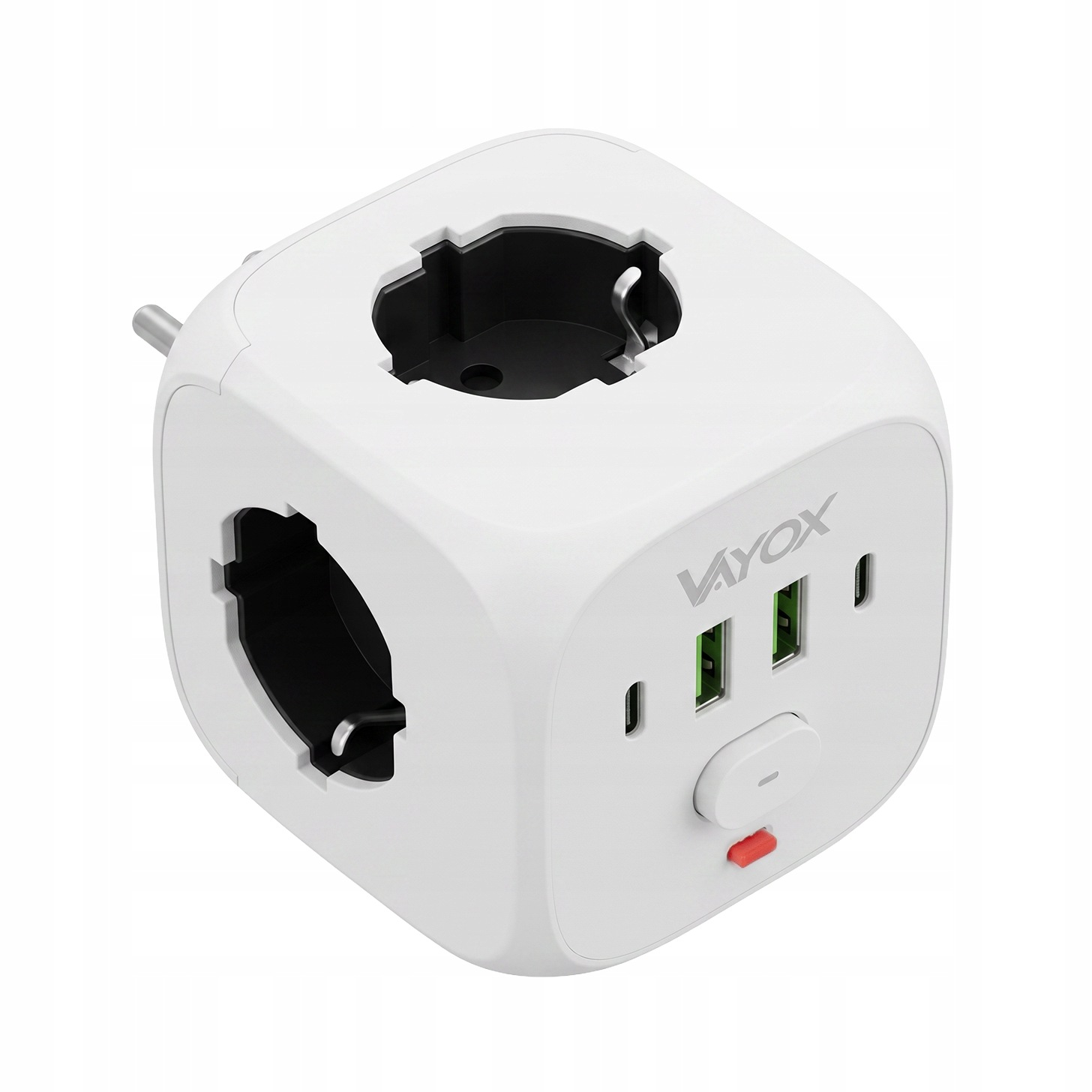 Fehér kockaalakú elosztó két aljzattal, USB-portokkal, kapcsolóval és Vayox logóval világos háttér előtt.
