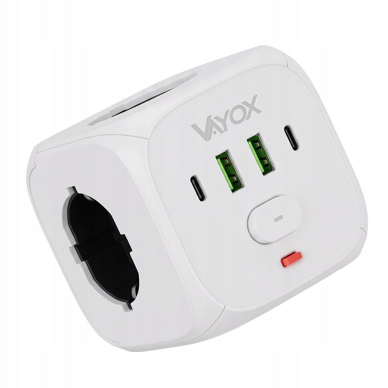 Fehér elosztókocka Vayox logóval, USB-portokkal, bekapcsológombbal és egy aljzattal az oldalán.