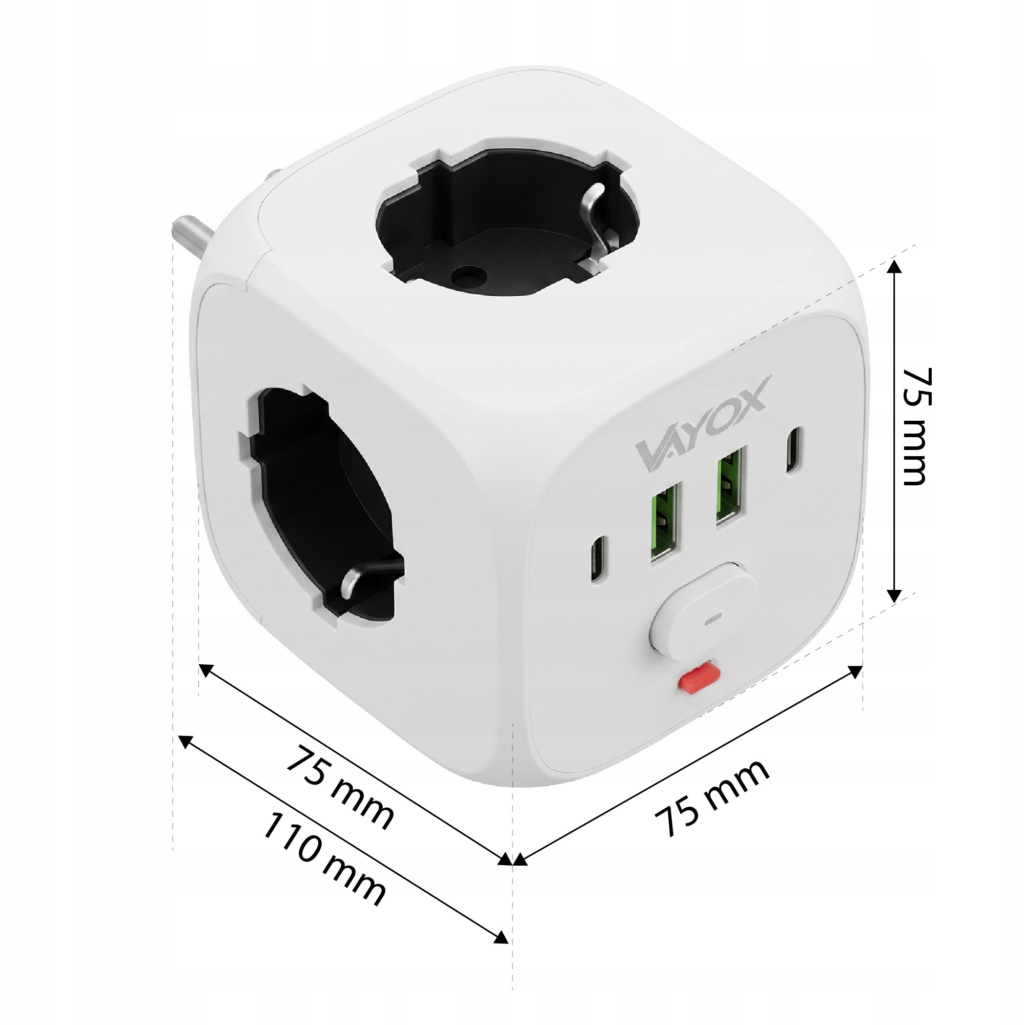 Fehér kocka alakú elosztó USB-portokkal, kapcsolóval és méretekkel.
