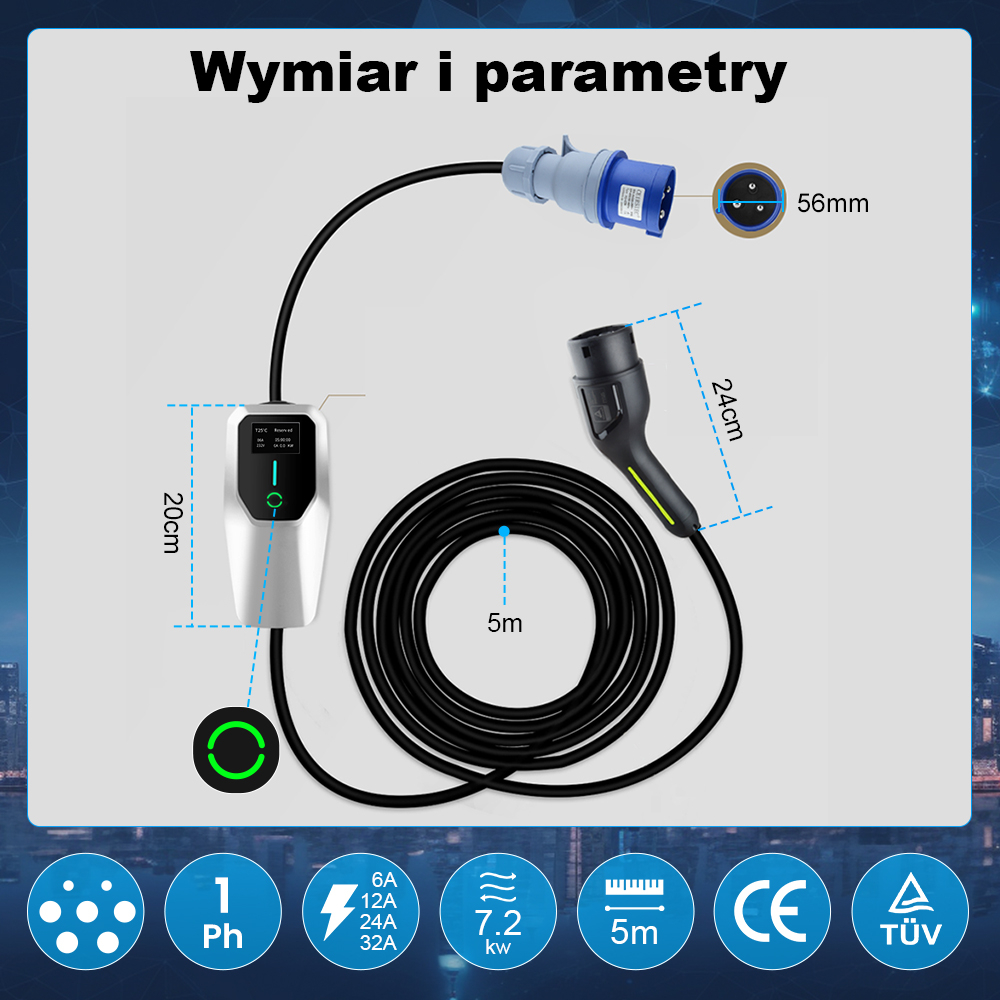 Schemat ładowarki EV z wymiarami, kablem 5m, wtyczkami i ikonami parametrów na dole.