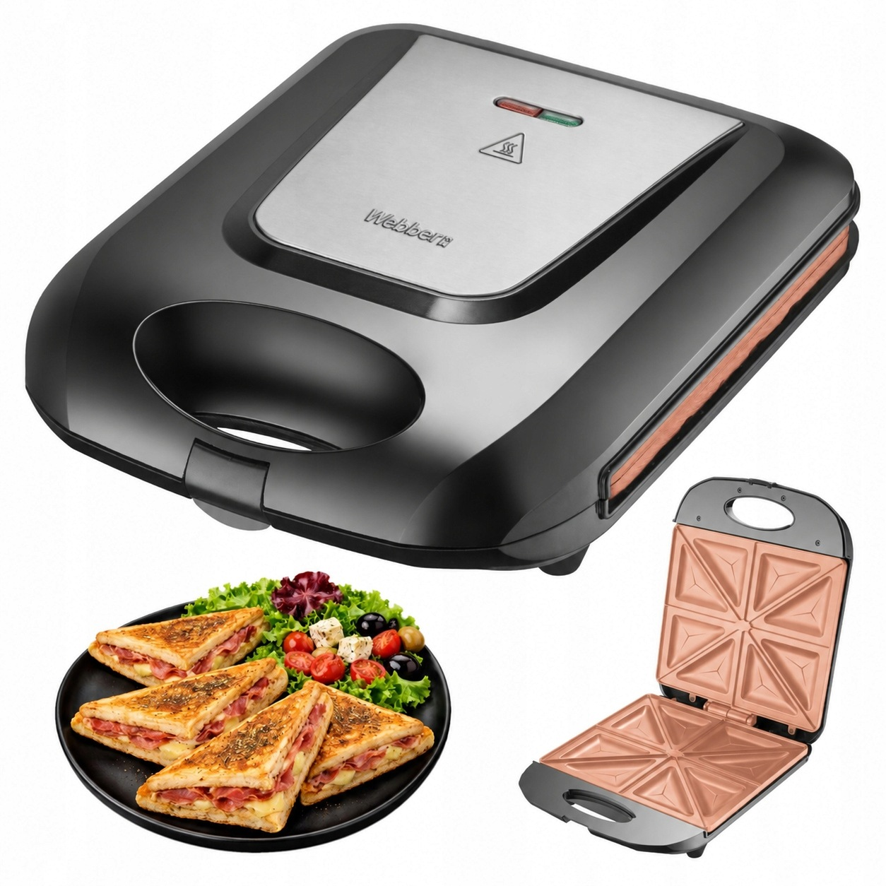 Ein schwarzer Sandwichmaker mit Edelstahlakzenten, daneben Dreieckssandwiches auf Salat und ein offener Toaster.