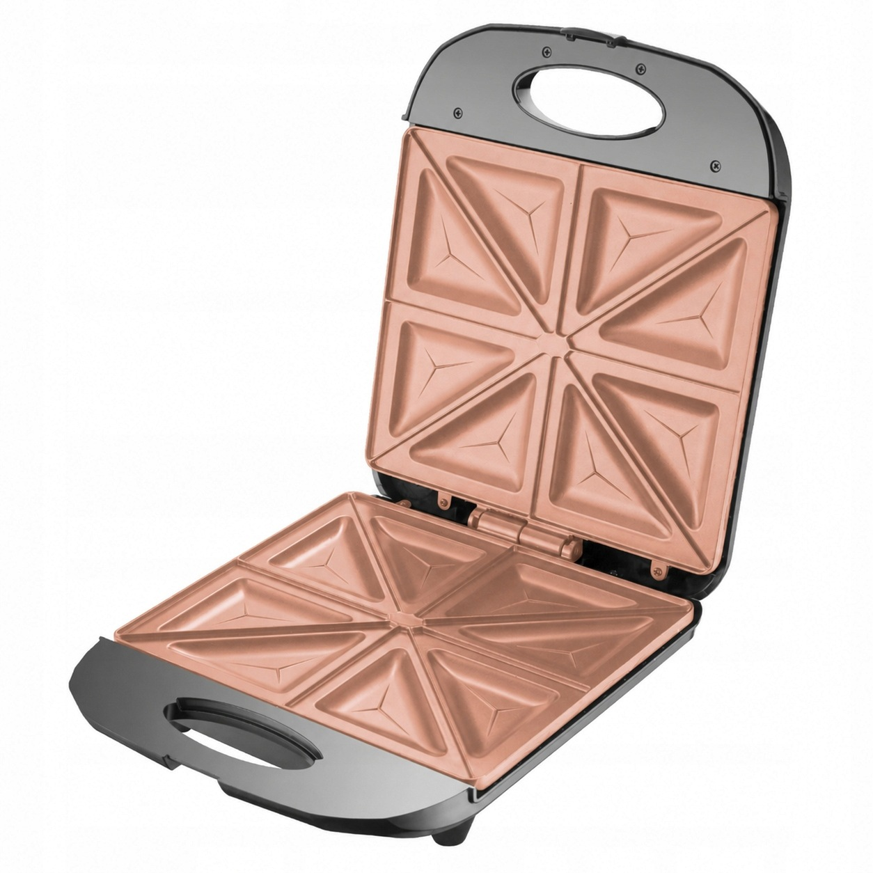 Ein offener Sandwichmaker mit schwarzem Gehäuse und roségoldenen, dreieckigen Backflächen.