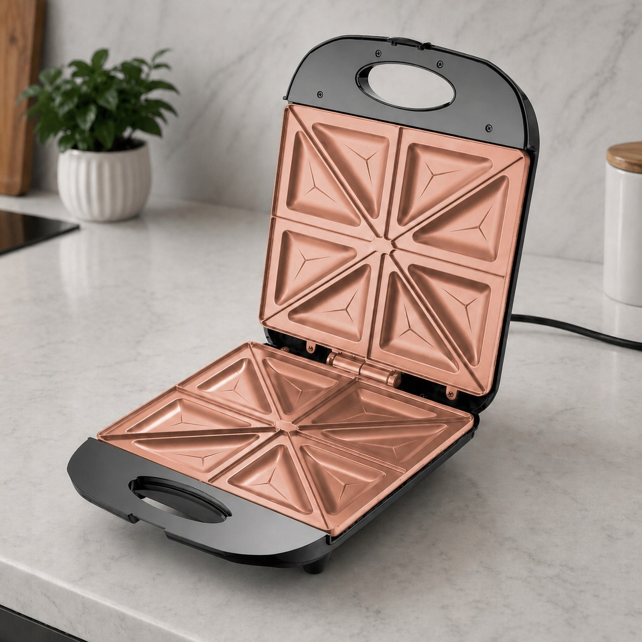 Ein offener Sandwichmaker mit schwarzem Gehäuse und rosa-goldenen Antihaftplatten steht auf einer Marmorarbeitsplatte.