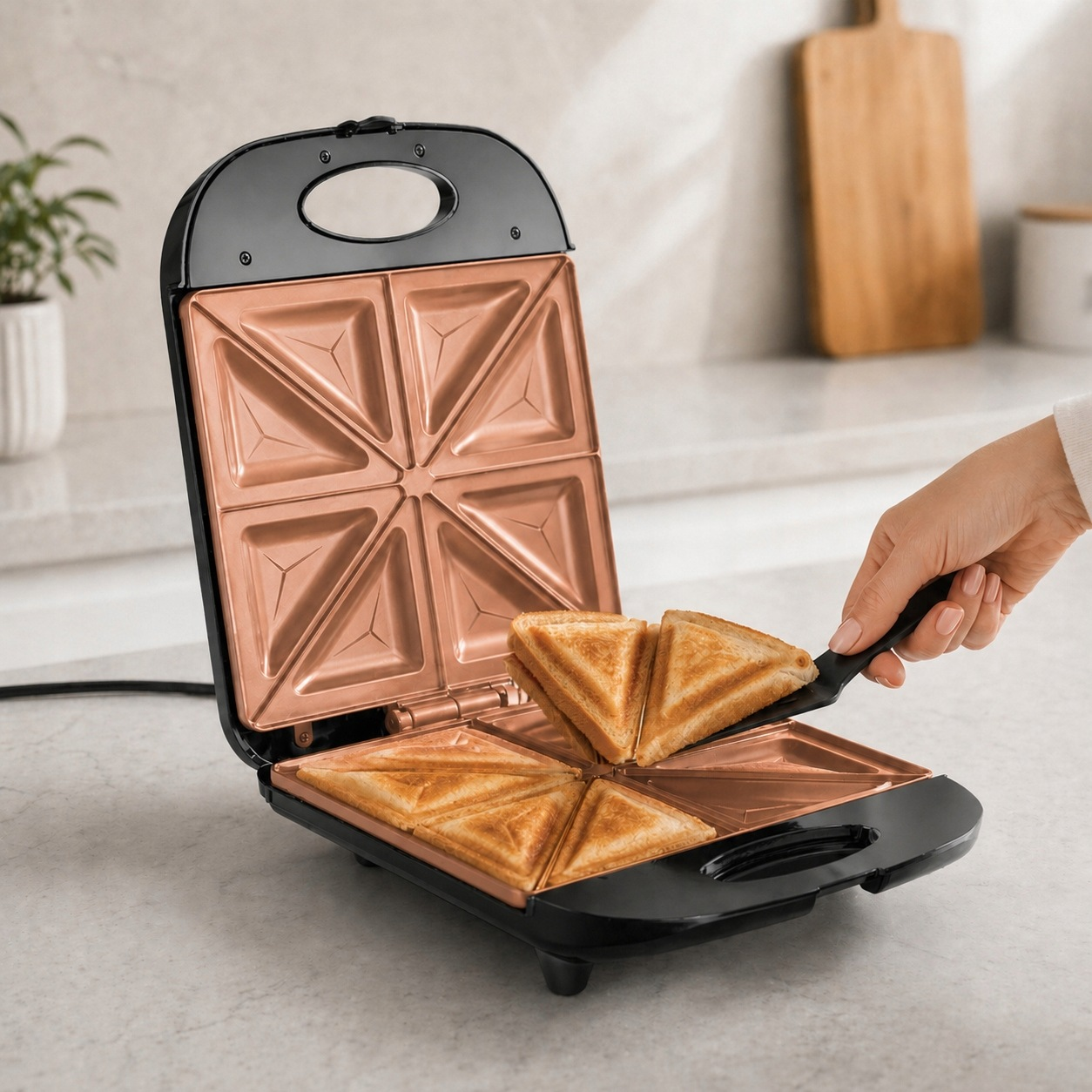 Eine Hand nimmt mit einem Spatel getoastete Sandwiches aus einem schwarzen und kupferfarbenen Sandwichtoaster.