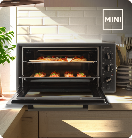 Czarny mini piekarnik na blacie kuchennym piecze pizzę i bruschettę.