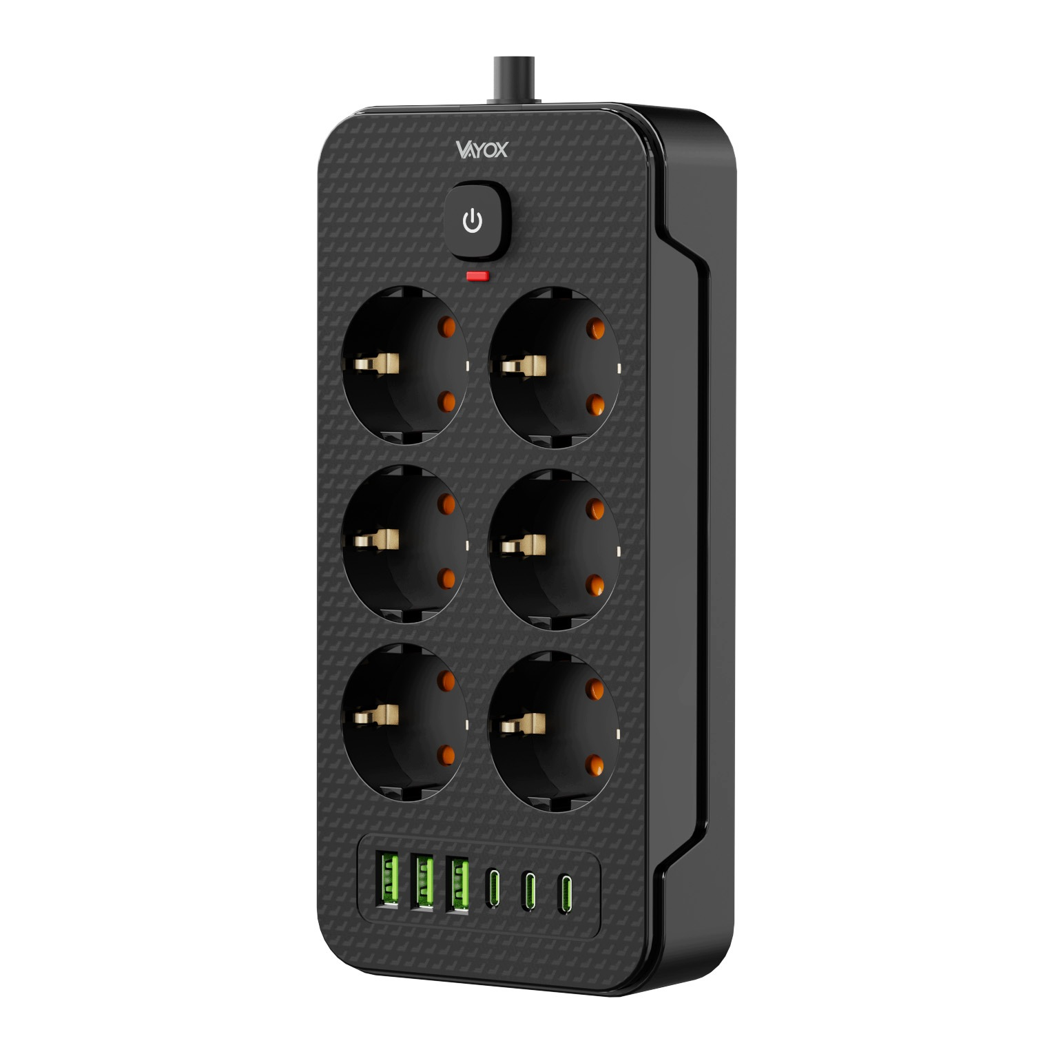 Czarna listwa zasilająca z sześcioma gniazdami, włącznikiem i sześcioma portami USB na teksturowanej powierzchni.