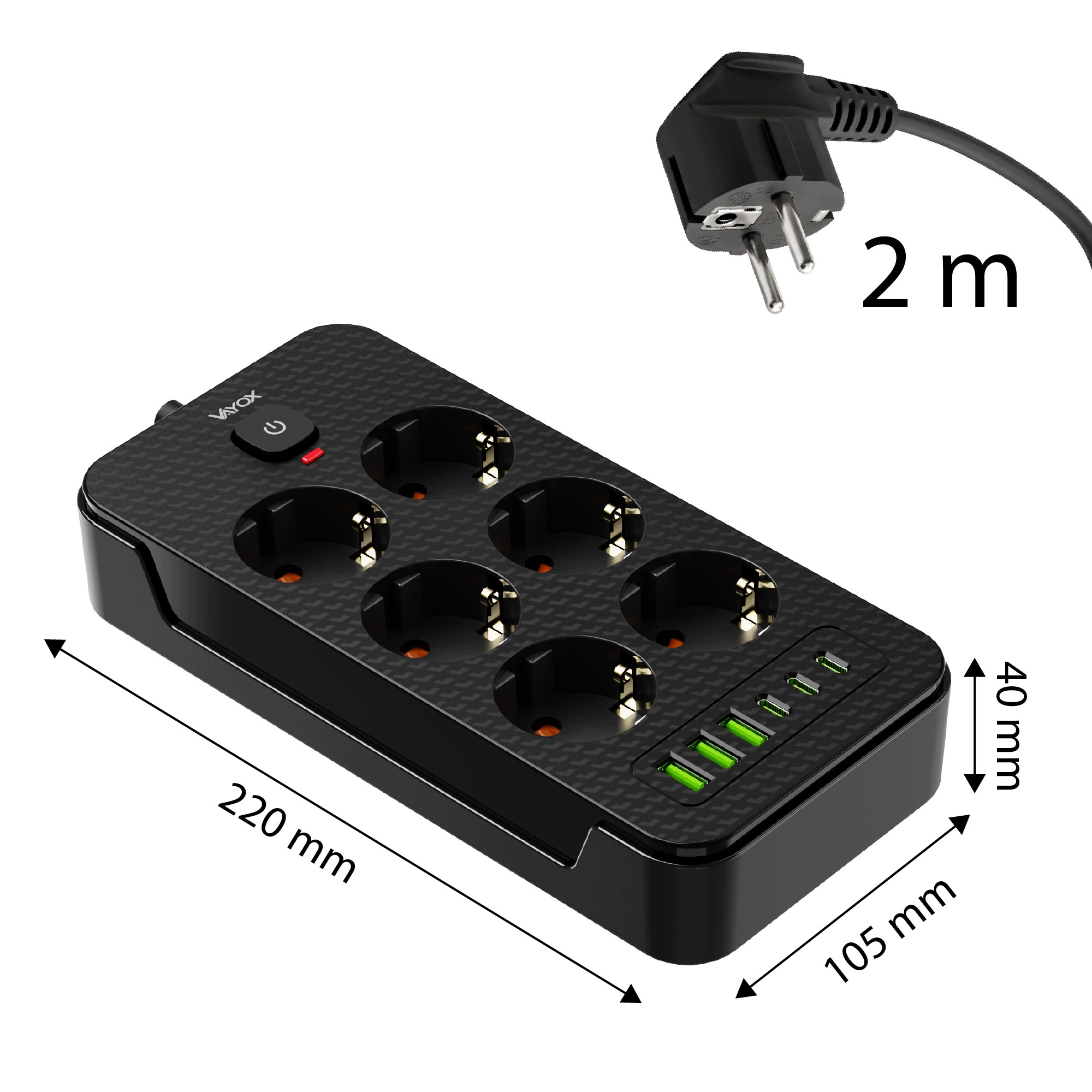 Czarna listwa zasilająca z 6 gniazdami AC, portami USB, włącznikiem, wymiarami i przewodem 2m.