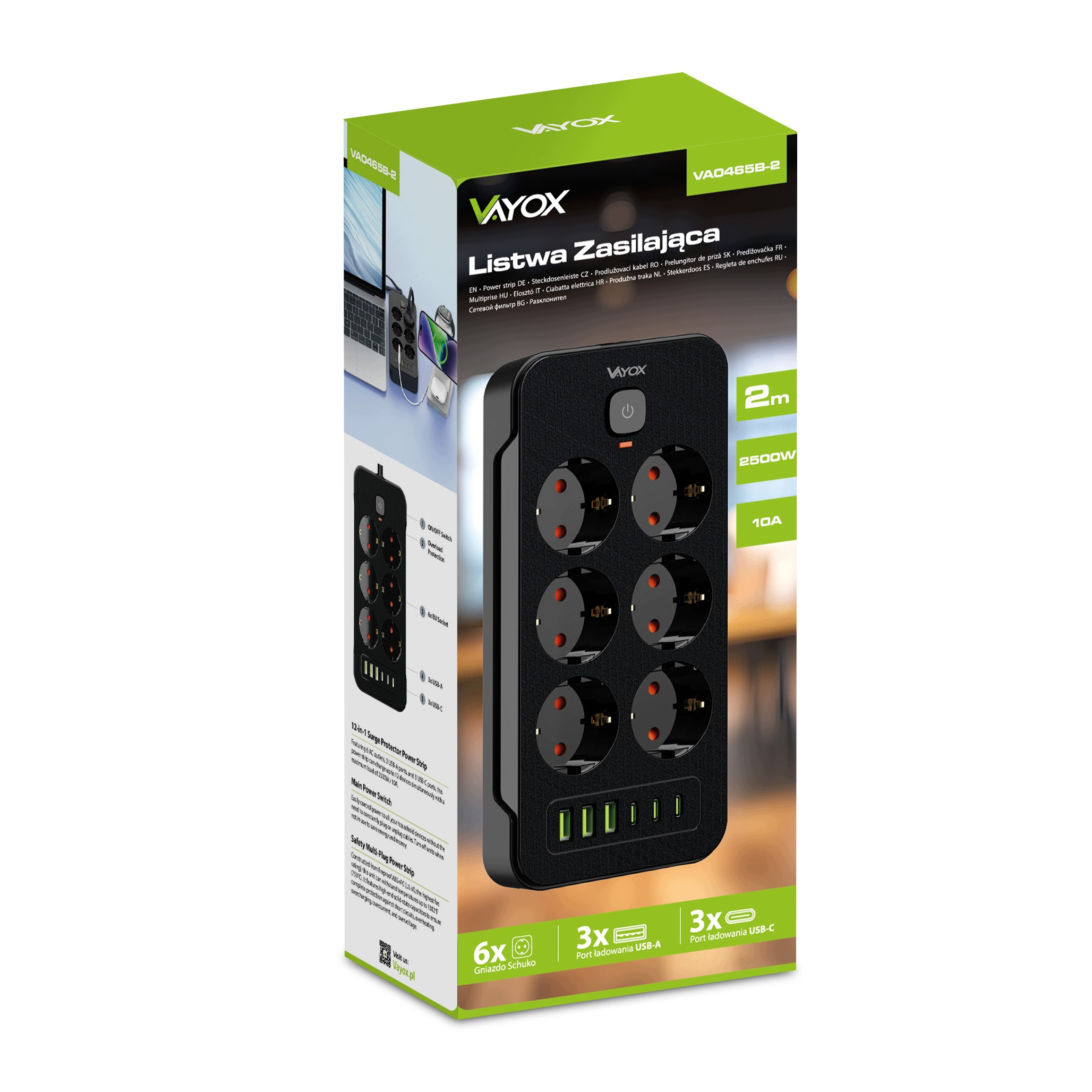 Zielone pudełko produktu Vayox przedstawiające czarną listwę zasilającą 12 w 1 z gniazdami Schuko i portami USB.