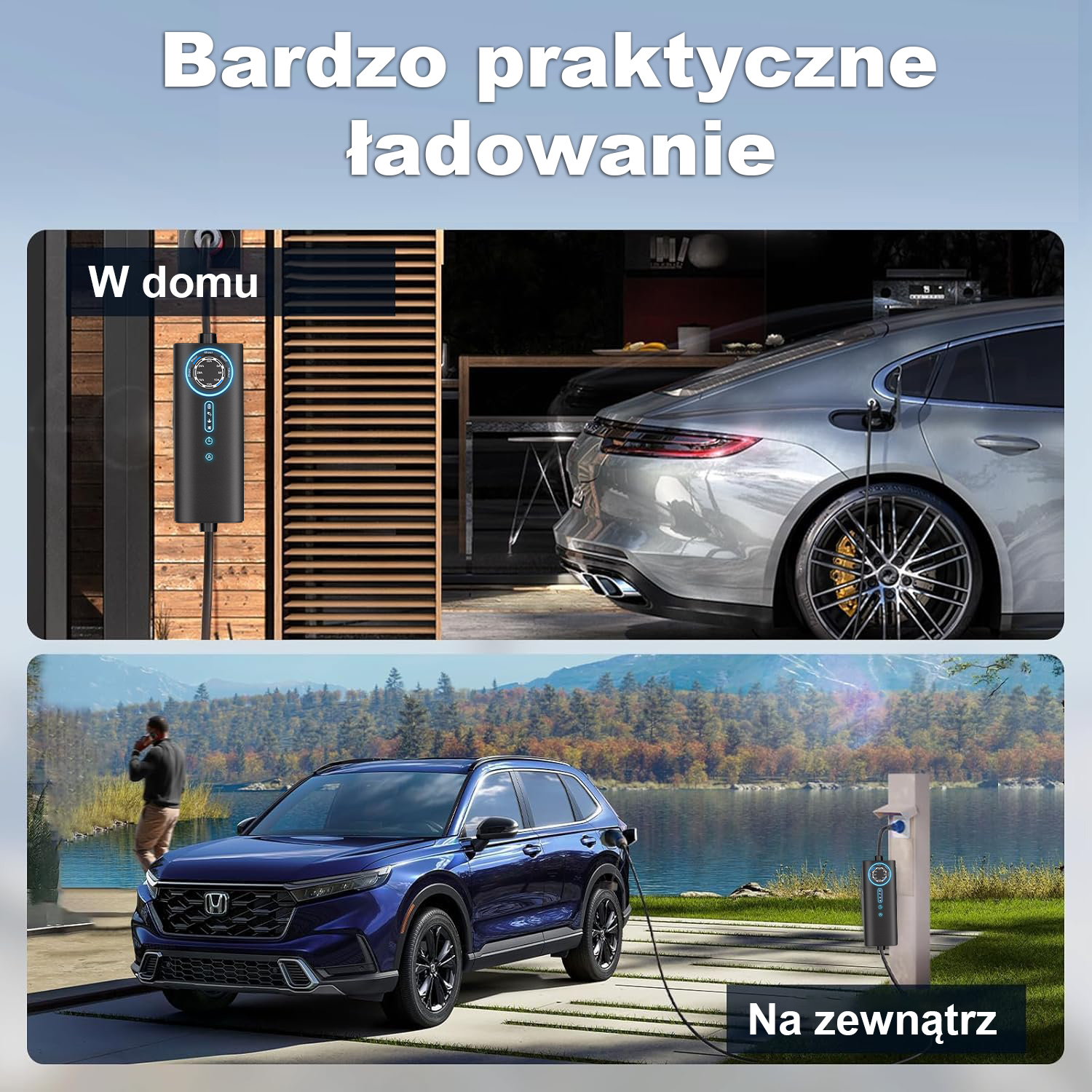 Szary samochód ładowany w domu oraz niebieski samochód na zewnątrz nad jeziorem, z polskim tekstem.