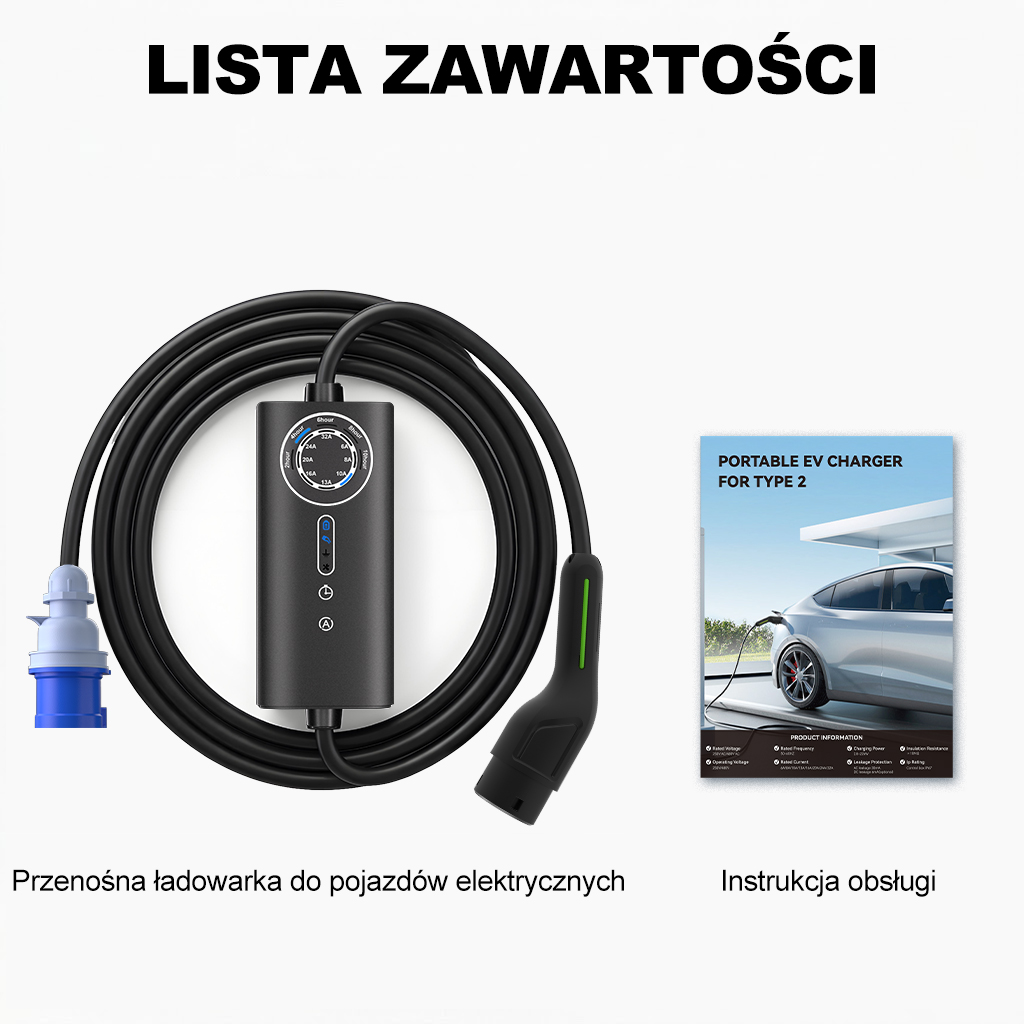 Przenośna ładowarka EV z kablem, niebieską wtyczką, złączem Typu 2 i instrukcją obsługi.