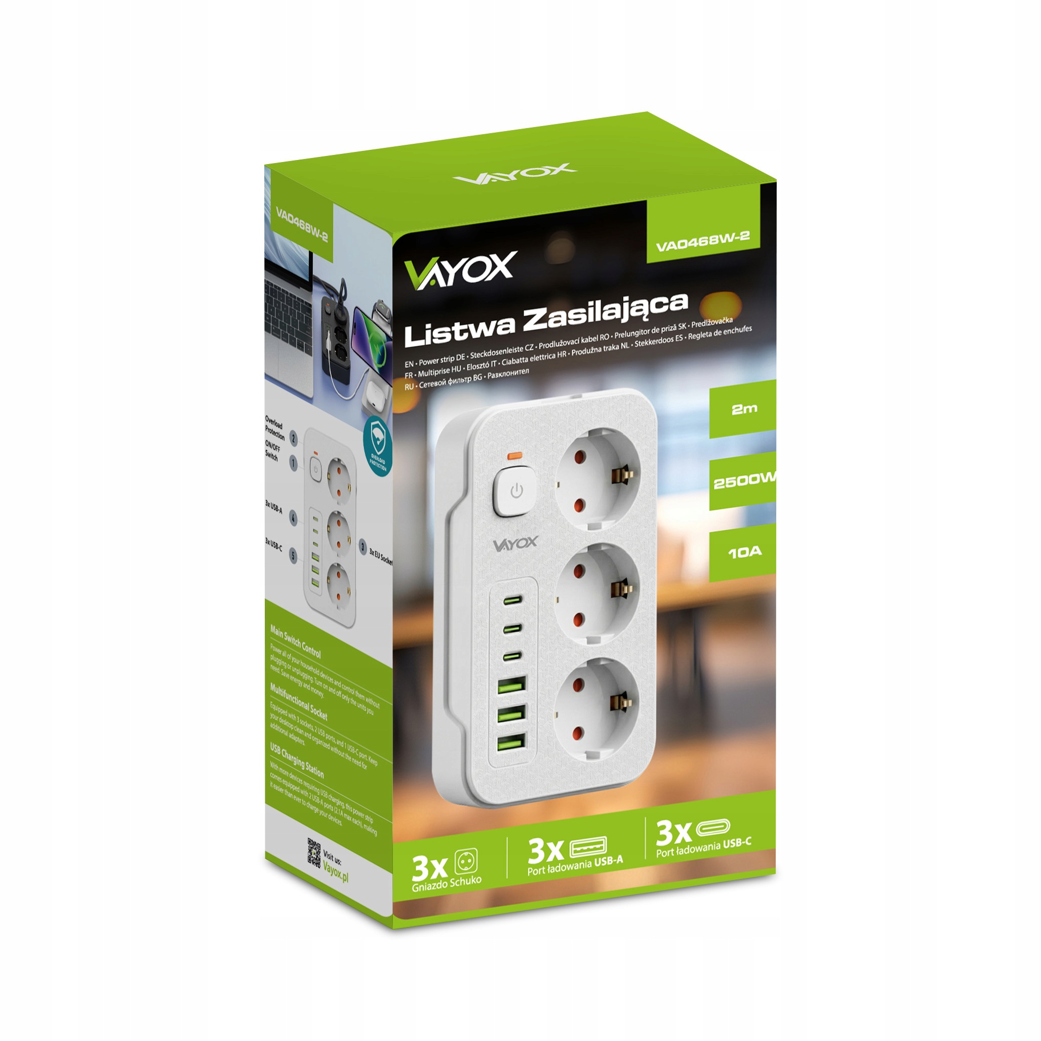 Zielone opakowanie listwy zasilającej Vayox z trzema gniazdami i portami USB.