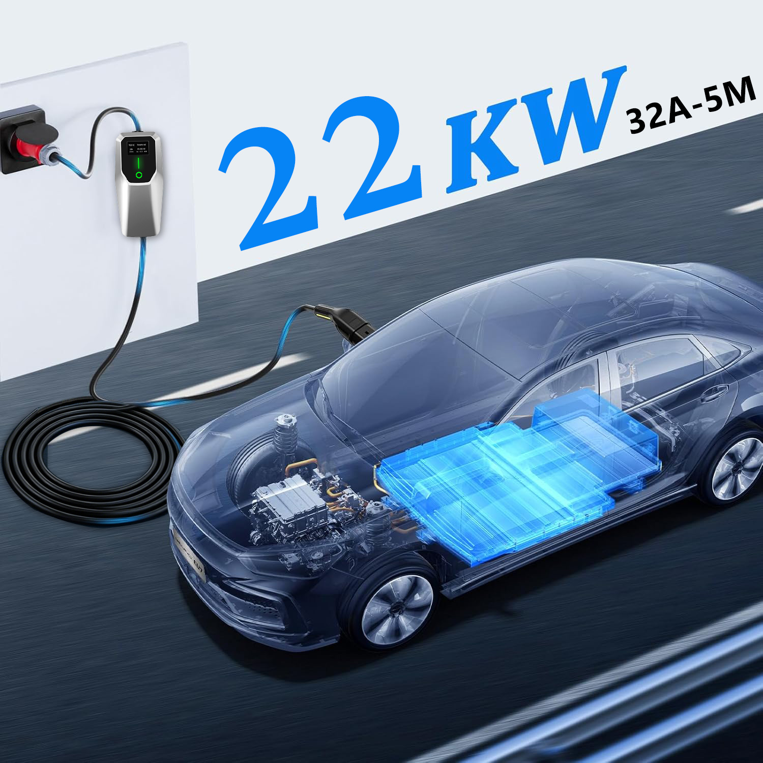 Przezroczysty przekrój samochodu elektrycznego z baterią, podłączonego do ładowarki 22 kW.